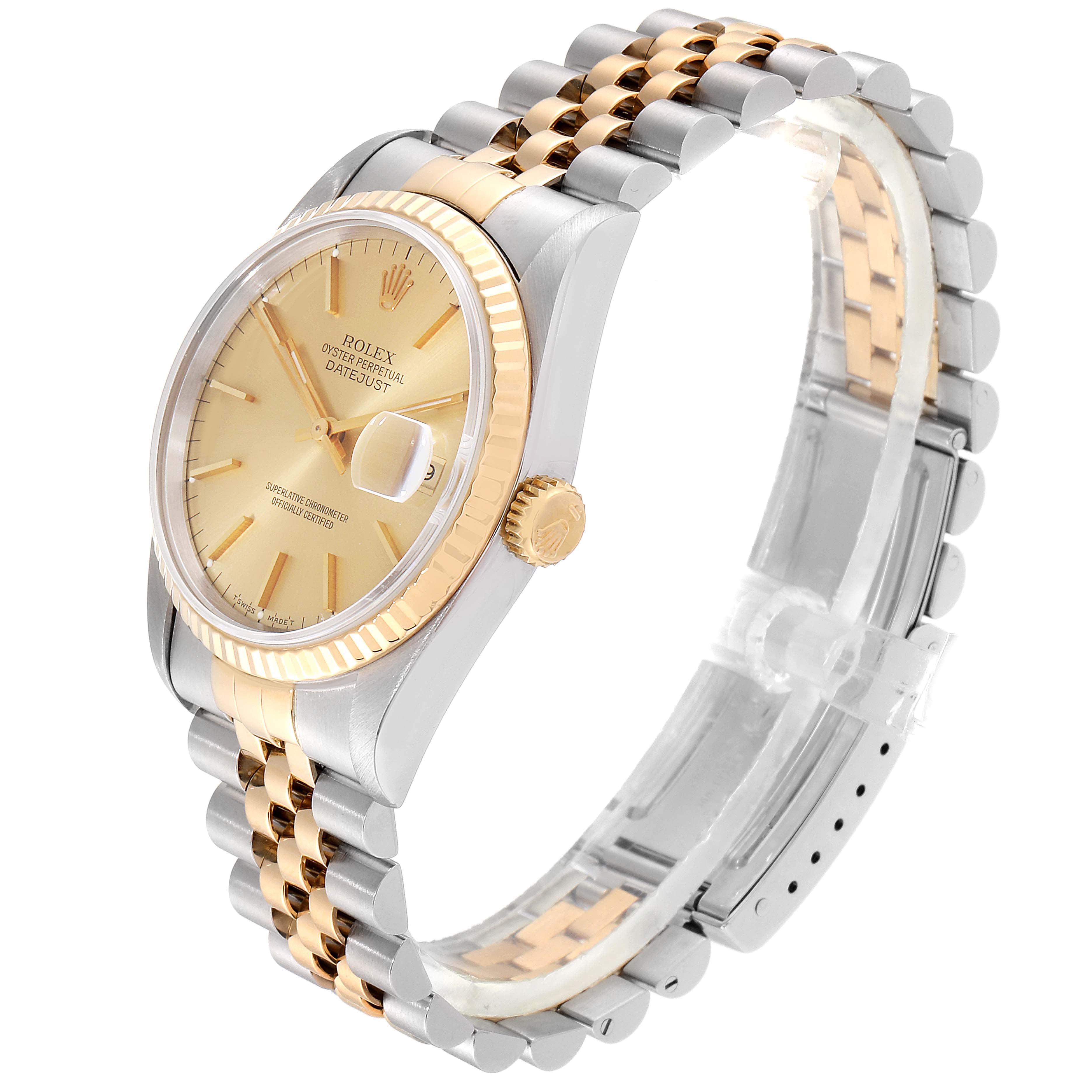 The Rolex Datejust 16233 Men
s Steel and Gold (two tone) Champagne Dial 16233 Men
s Steel and Gold (two tone) Champagne Dial watch is shown at a slight angle, highlighting the face, bezel, bracelet, and crown.