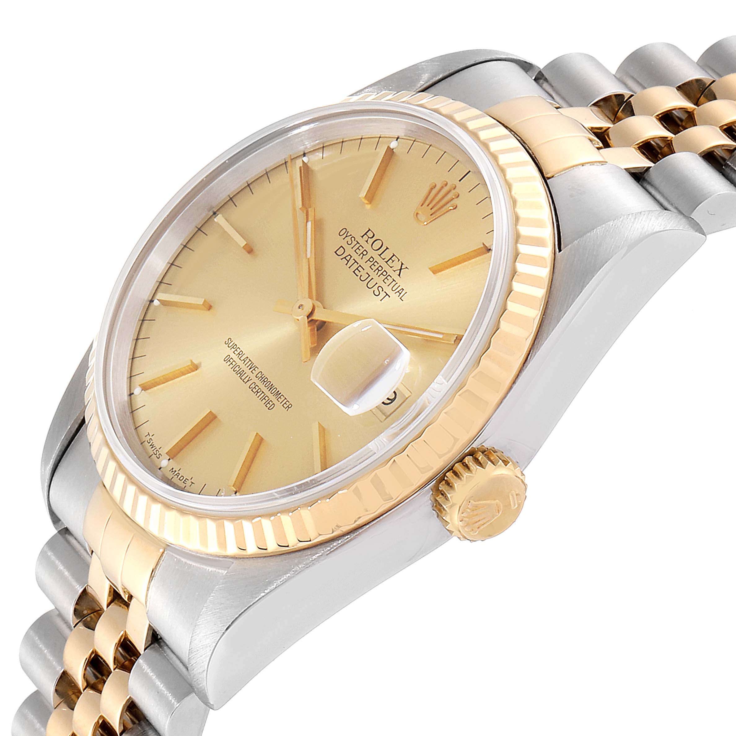 This image shows a side angle of a Rolex Datejust 16233 Men
s Steel and Gold (two tone) Champagne Dial 16233 Men
s Steel and Gold (two tone) Champagne Dial watch, highlighting its gold bezel, crown, and two-tone bracelet.