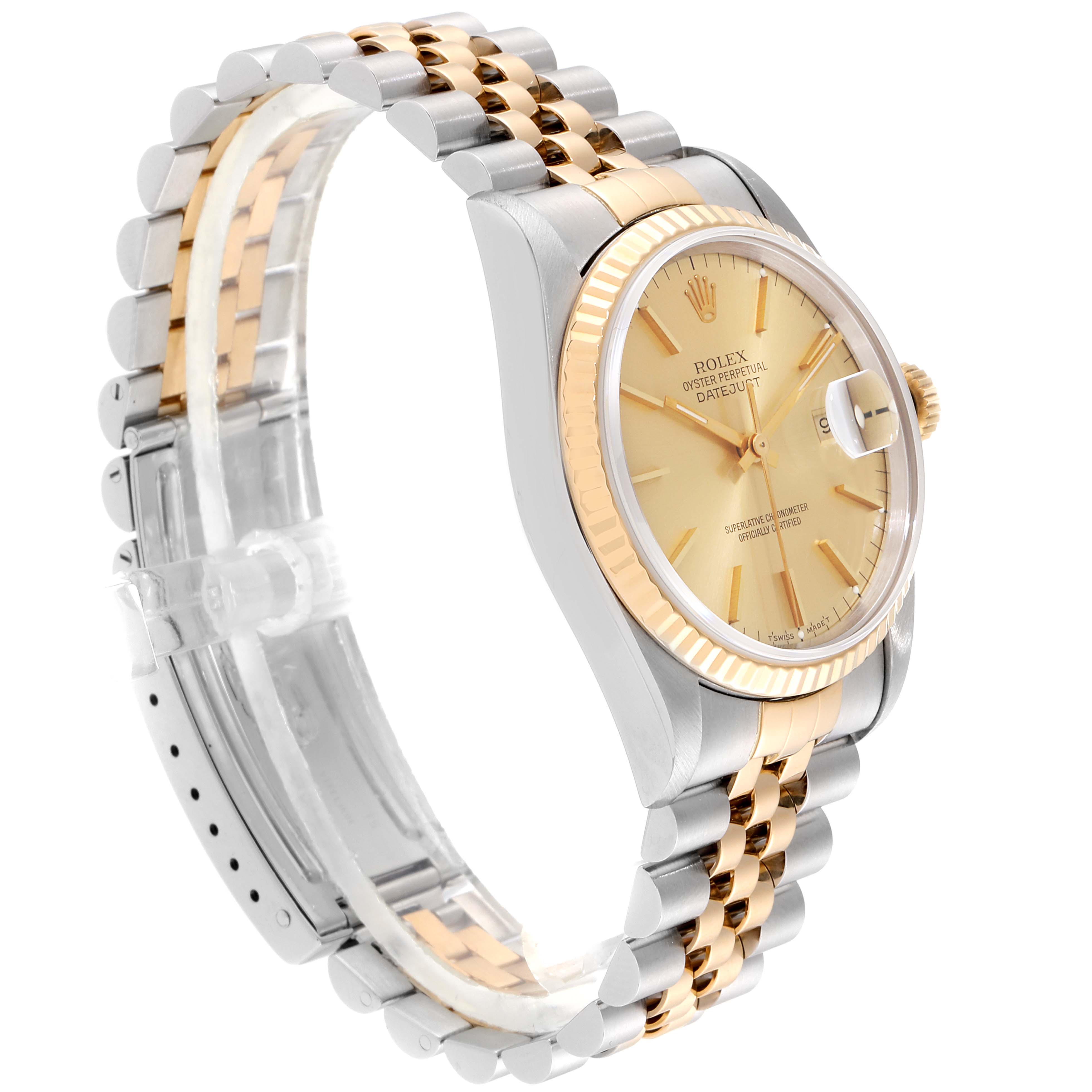 The Rolex Datejust 16233 Men
s Steel and Gold (two tone) Champagne Dial 16233 Men
s Steel and Gold (two tone) Champagne Dial watch is shown at a three-quarter angle, highlighting the two-tone bracelet, face, and partial crown.