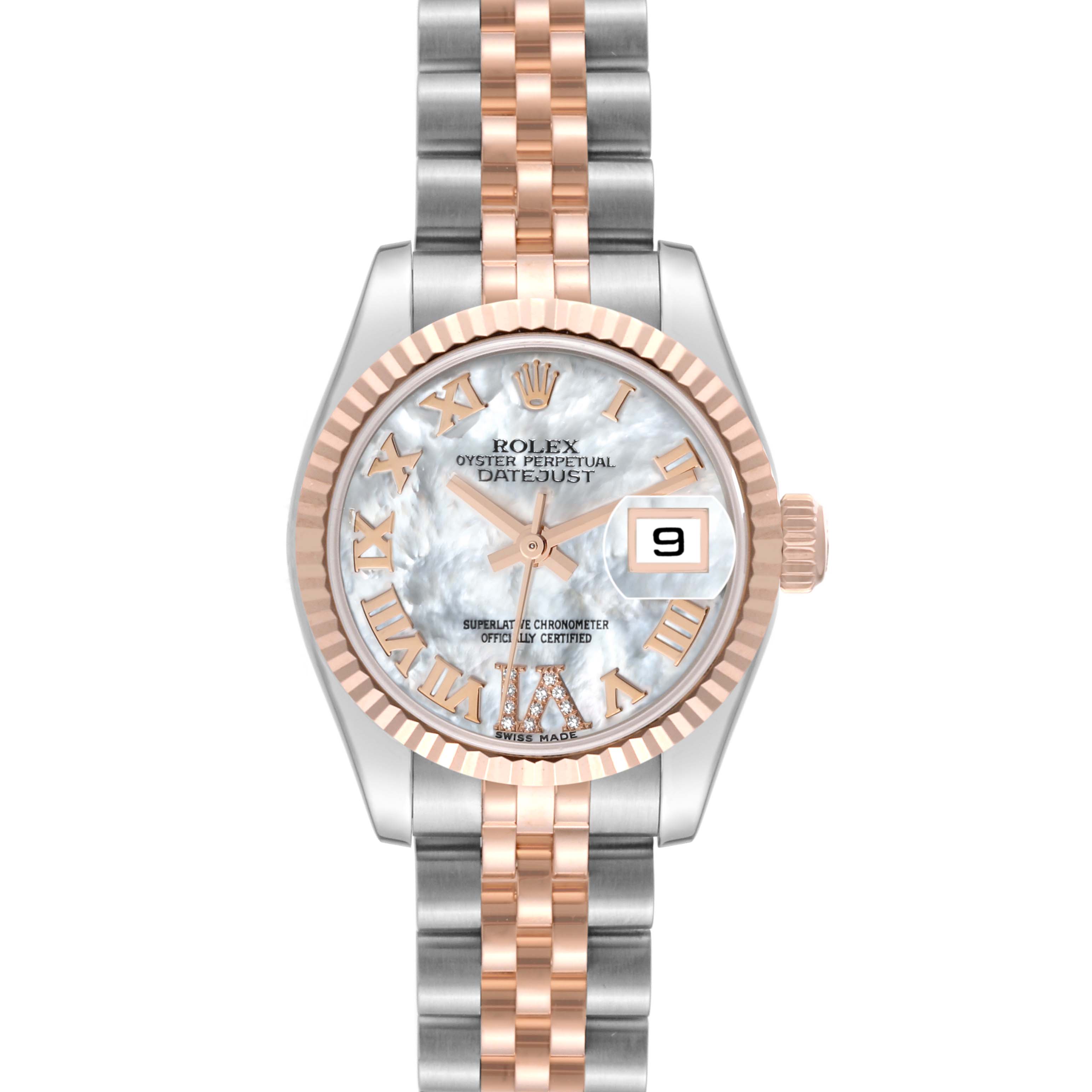This Rolex Datejust 179171 Women's Steel and Gold (two tone) Mother of Pearl Dial 179171 Women's Steel and Gold (two tone) Mother of Pearl Dial watch is shown from a front angle, highlighting its face, bezel, and two-tone bracelet.