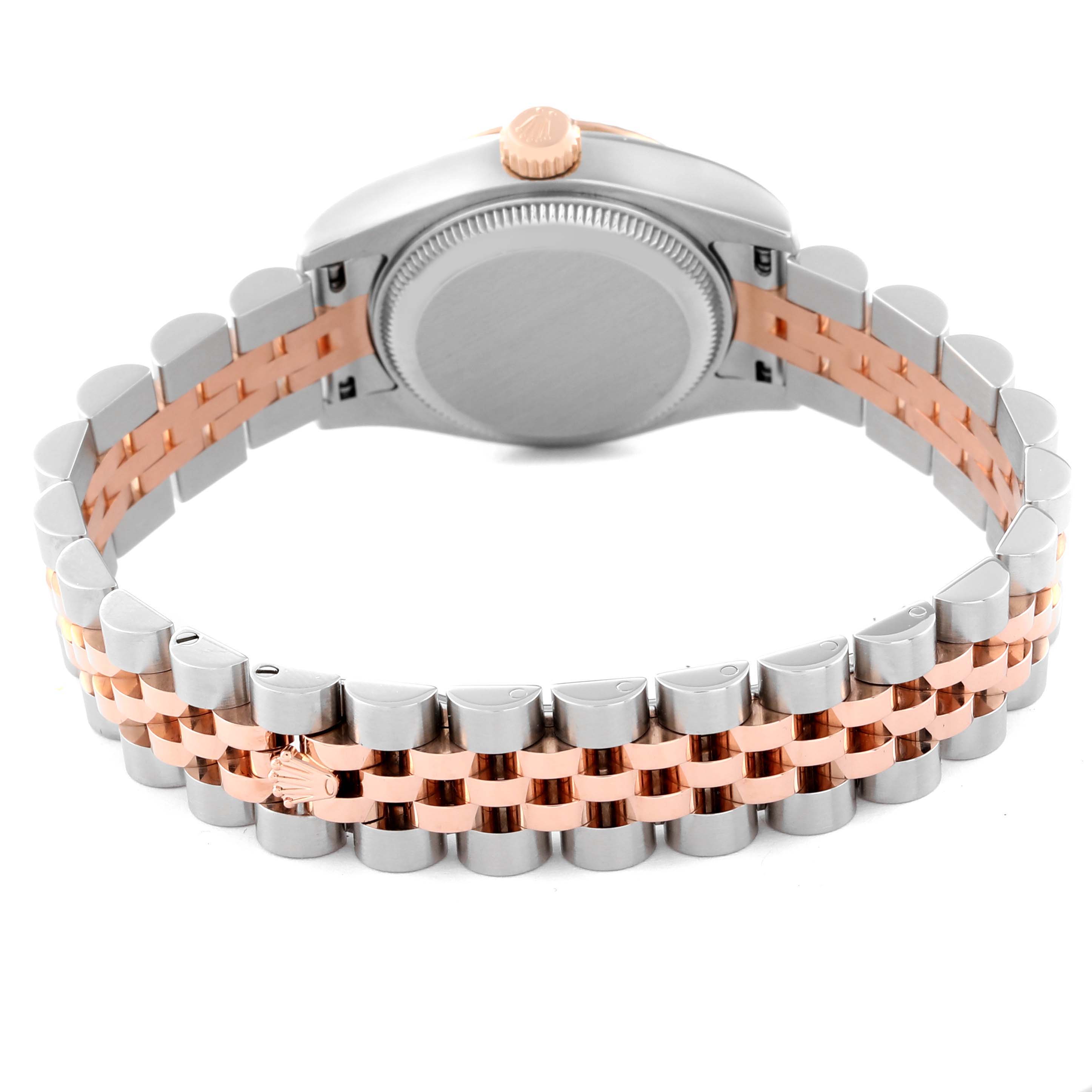 The image shows the back of a Rolex Datejust 179171 Women's Steel and Gold (two tone) Mother of Pearl Dial 179171 Women's Steel and Gold (two tone) Mother of Pearl Dial watch, highlighting its case back and two-tone bracelet.