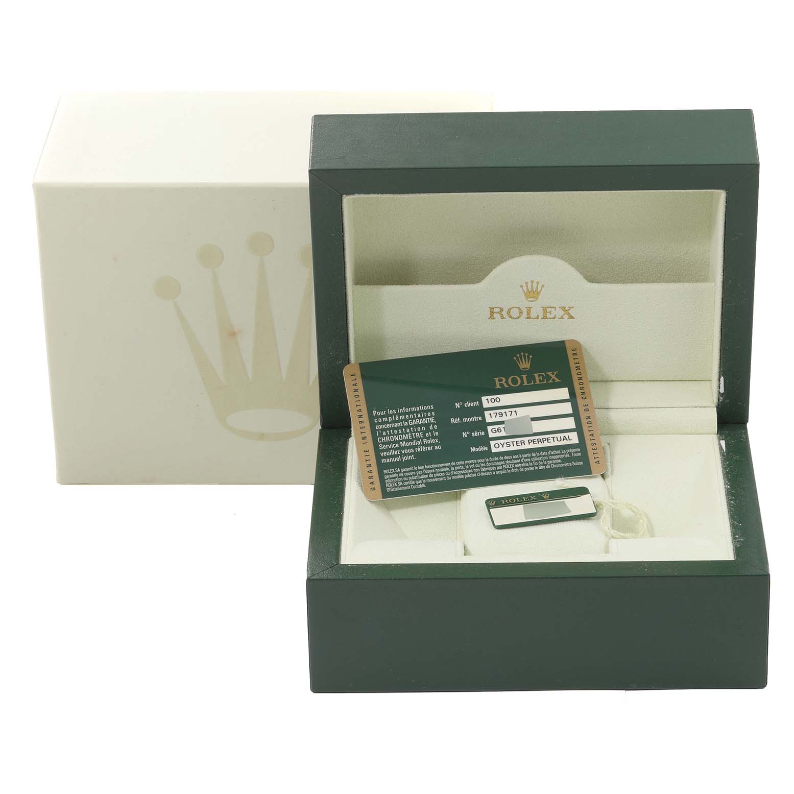 The image shows the packaging and warranty card for a Rolex Datejust 179171 Women's Steel and Gold (two tone) Mother of Pearl Dial 179171 Women's Steel and Gold (two tone) Mother of Pearl Dial watch, with the box open and card displayed inside.