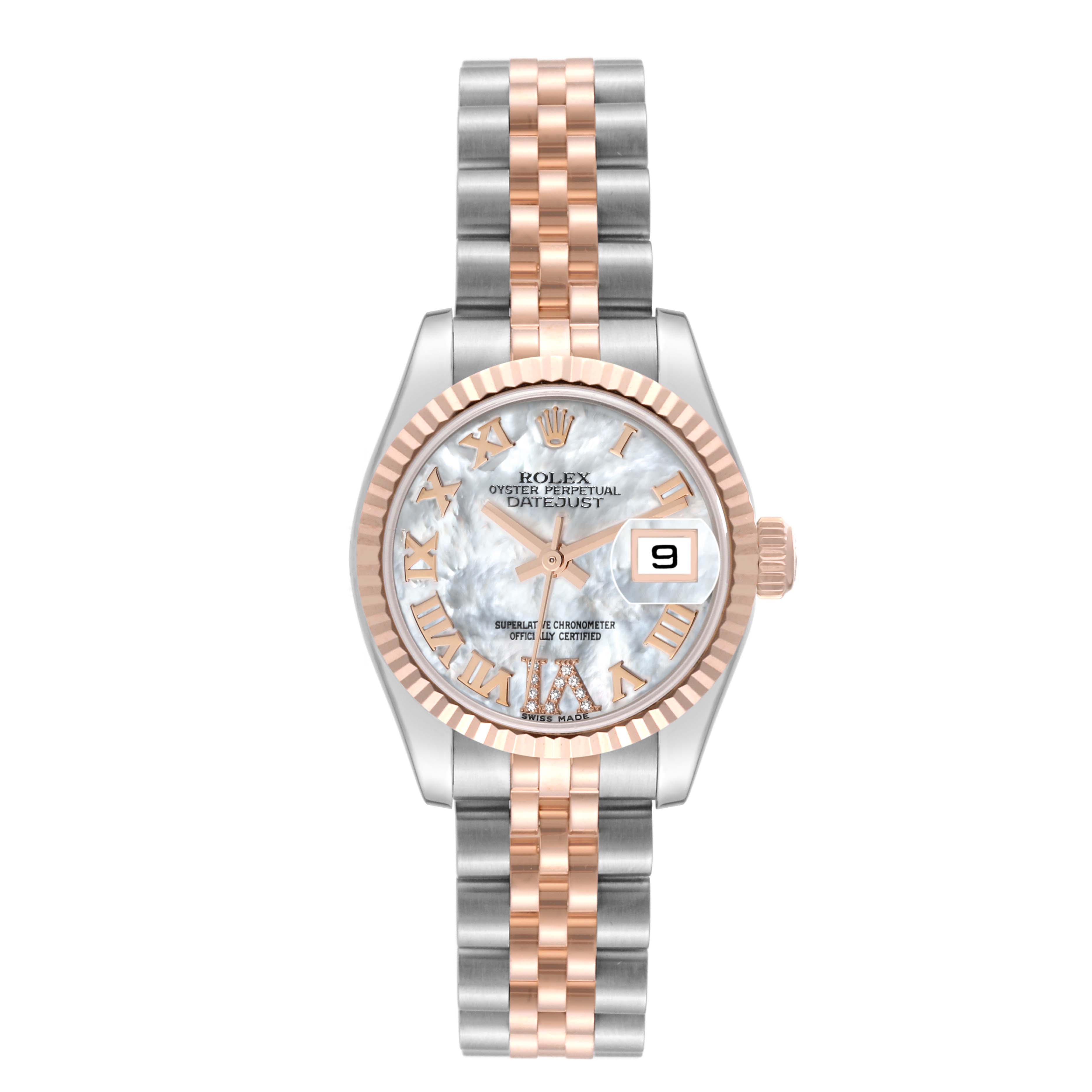The Rolex Datejust 179171 Women's Steel and Gold (two tone) Mother of Pearl Dial 179171 Women's Steel and Gold (two tone) Mother of Pearl Dial watch is shown from the front angle, highlighting its dial, bezel, hands, indices, and bracelet.