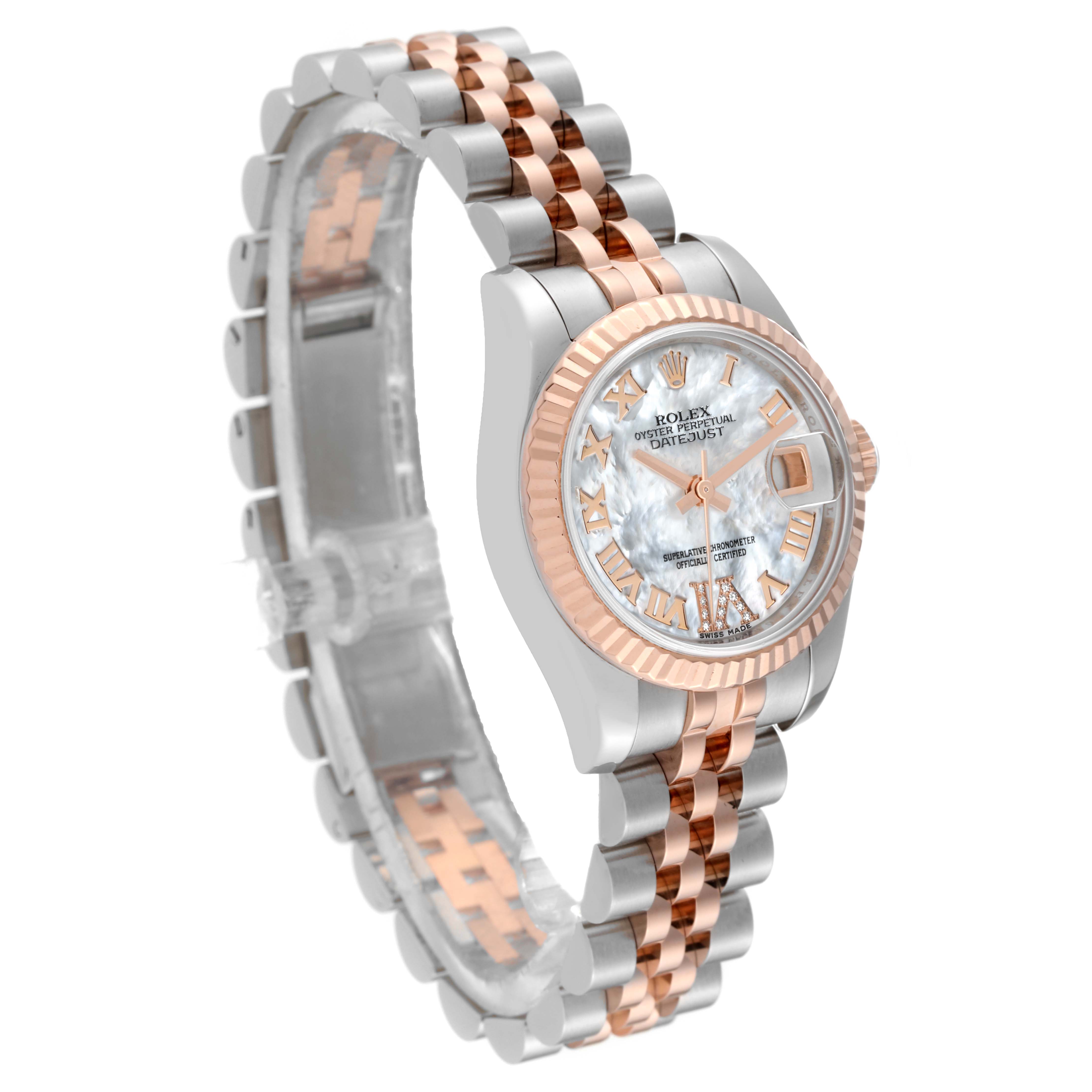 A Rolex Datejust 179171 Women's Steel and Gold (two tone) Mother of Pearl Dial 179171 Women's Steel and Gold (two tone) Mother of Pearl Dial watch shown at a slight angle, highlighting its dial, fluted bezel, and two-tone bracelet.