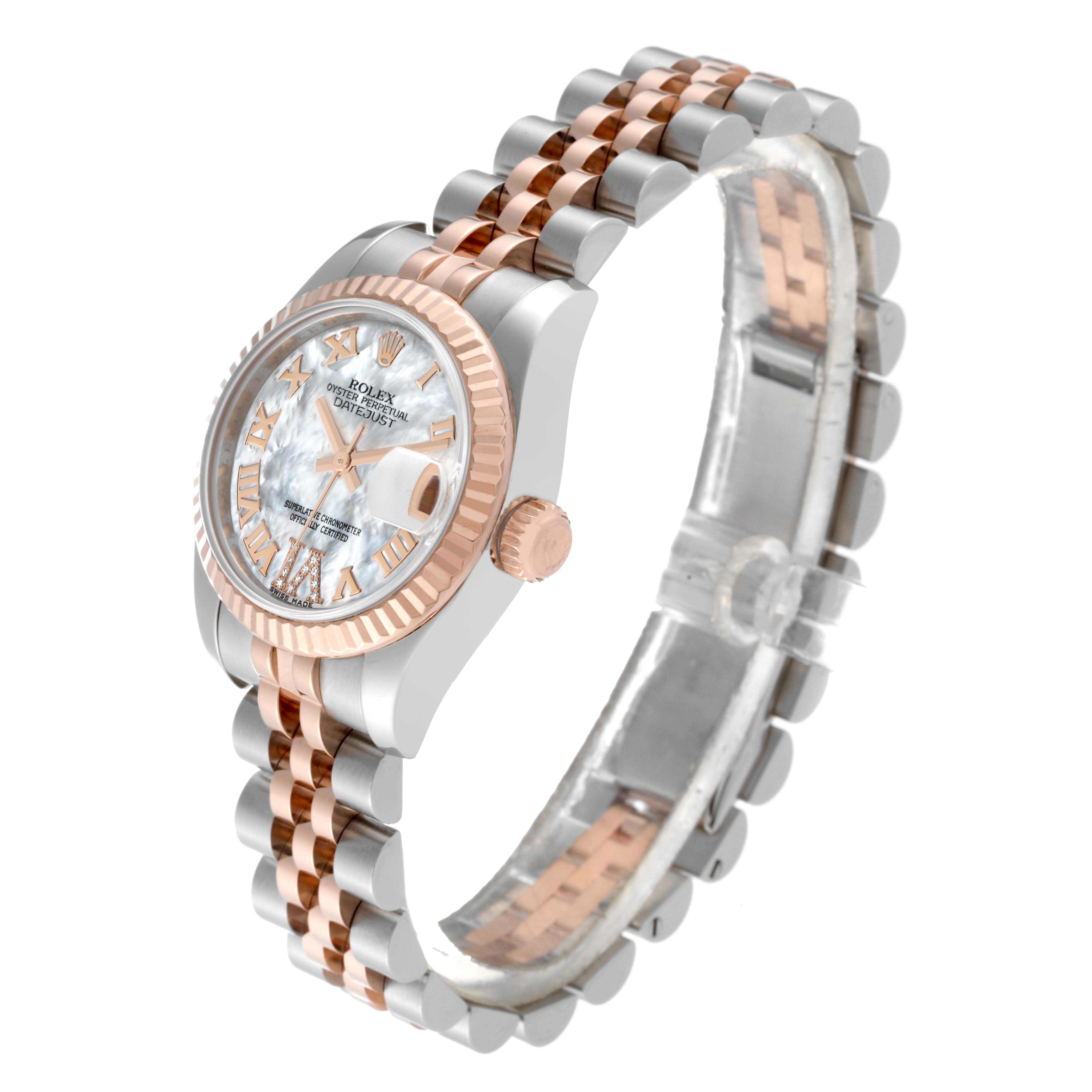 This image shows a Rolex Datejust 179171 Women's Steel and Gold (two tone) Mother of Pearl Dial 179171 Women's Steel and Gold (two tone) Mother of Pearl Dial watch from a side angle, highlighting the dial, bezel, crown, and two-tone bracelet.
