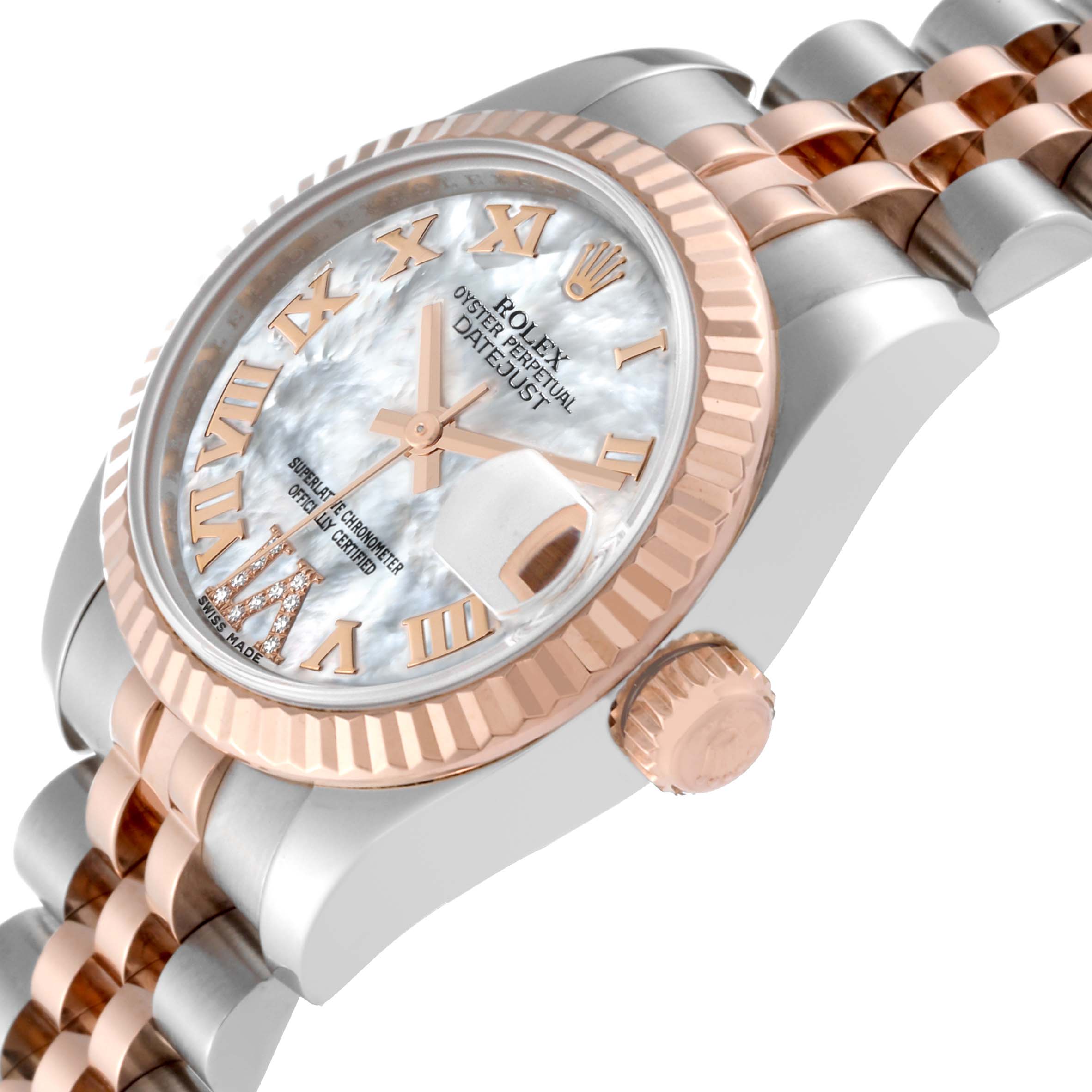 The image shows a Rolex Datejust 179171 Women's Steel and Gold (two tone) Mother of Pearl Dial 179171 Women's Steel and Gold (two tone) Mother of Pearl Dial watch from an angled side view, highlighting the dial, bezel, crown, and part of the bracelet.