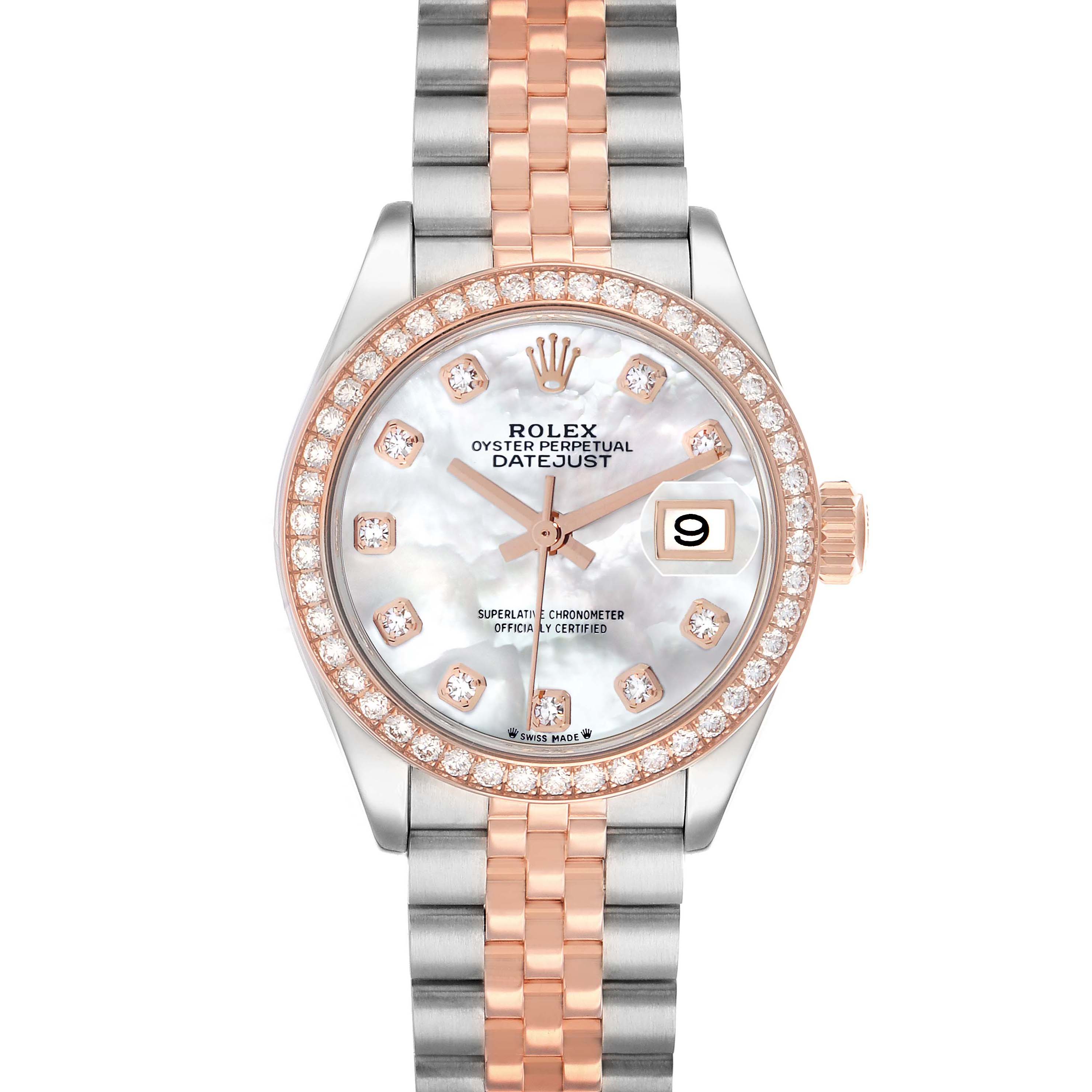 The Rolex Datejust 279381 Women's Stainless Steel Mother of Pearl Dial watch is shown from a front angle, displaying the face, bezel, crown, and bracelet.