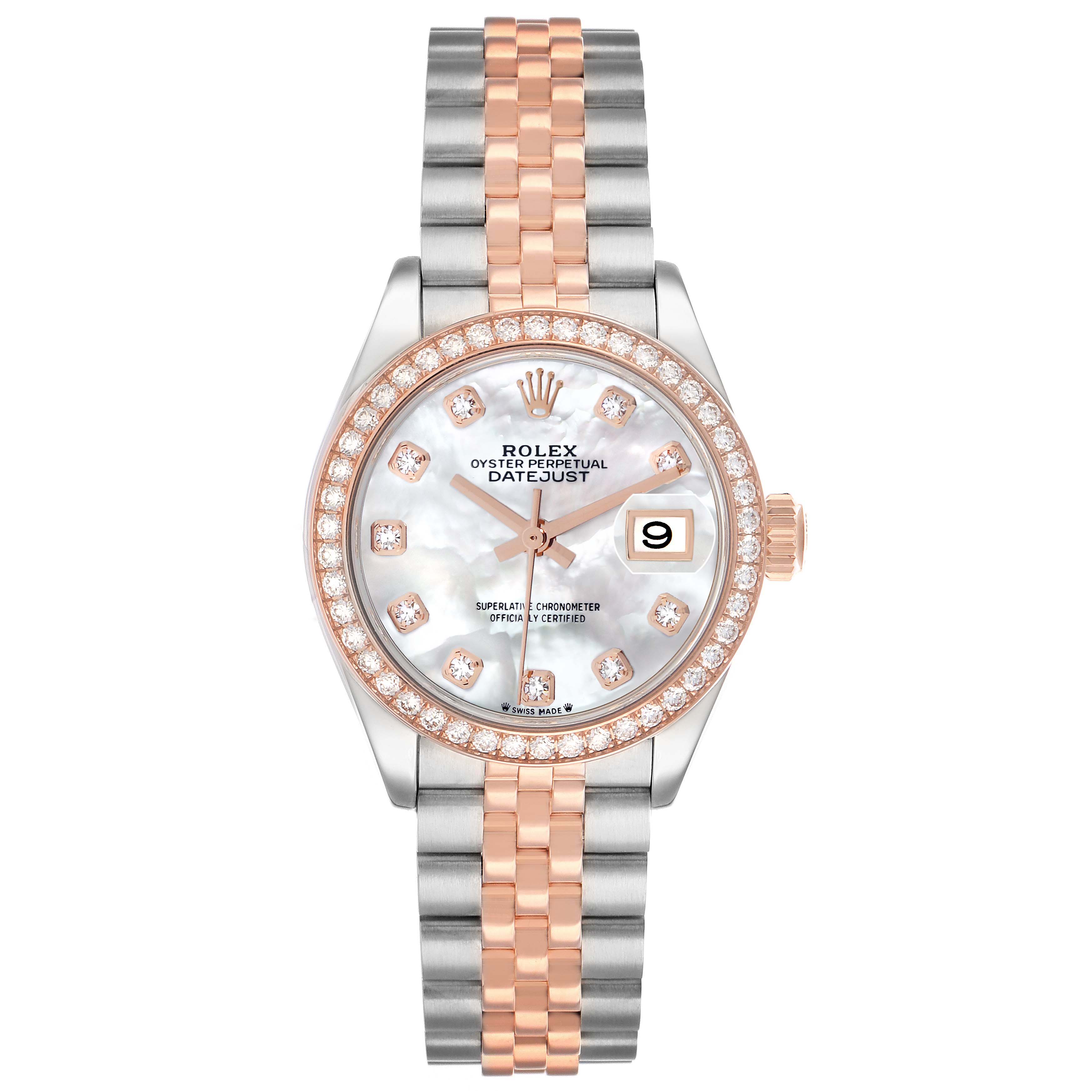 The Rolex Datejust 279381 Women's Stainless Steel Mother of Pearl Dial watch is shown from a front angle, displaying its dial, bezel, crown, and bracelet.