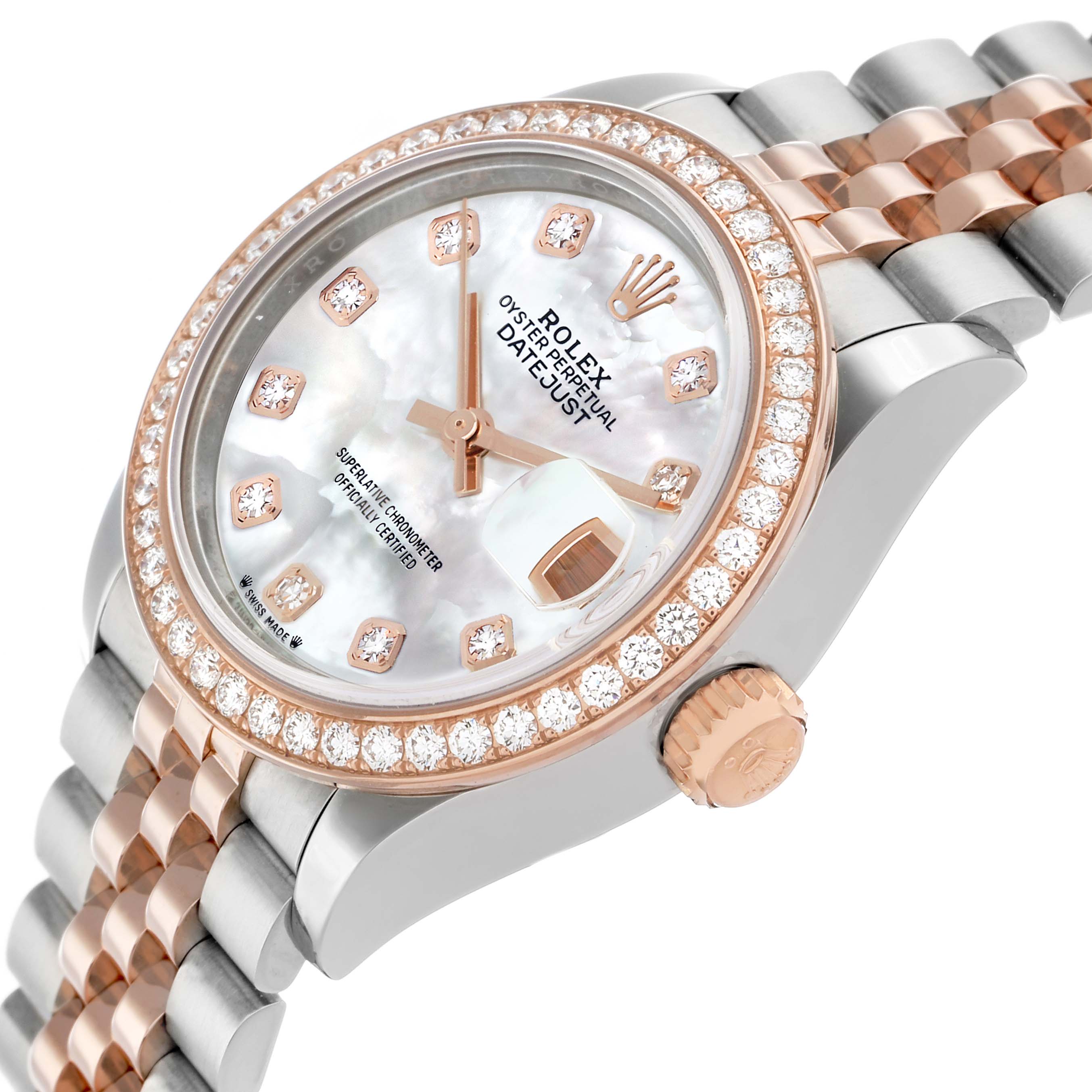 The Rolex Datejust 279381 Women's Stainless Steel Mother of Pearl Dial watch is shown at a slightly angled side view, displaying its face, bezel, crown, and bracelet.