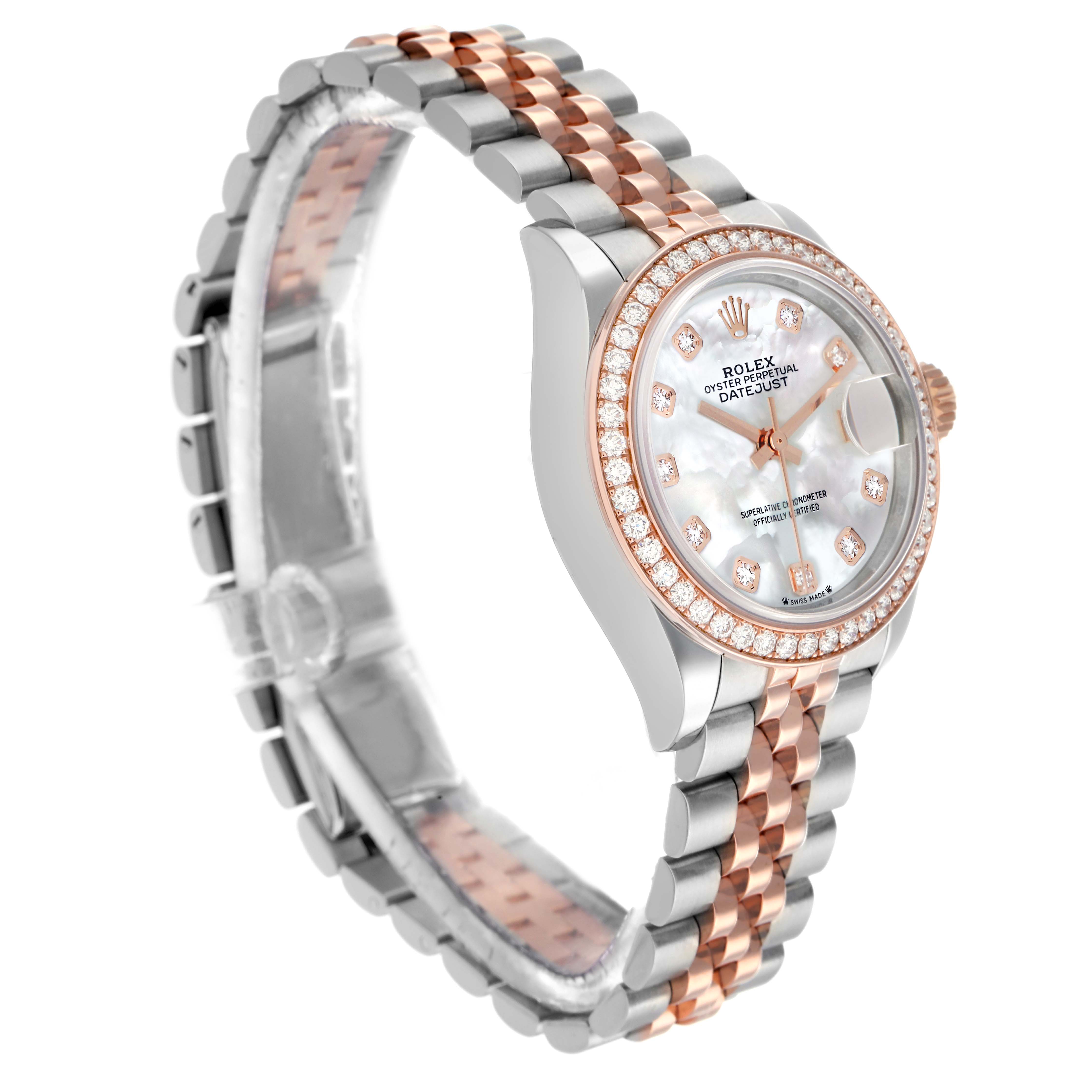 The Rolex Datejust 279381 Women's Stainless Steel Mother of Pearl Dial watch is shown at a three-quarter angle, highlighting its dial, bezel, and two-tone bracelet.