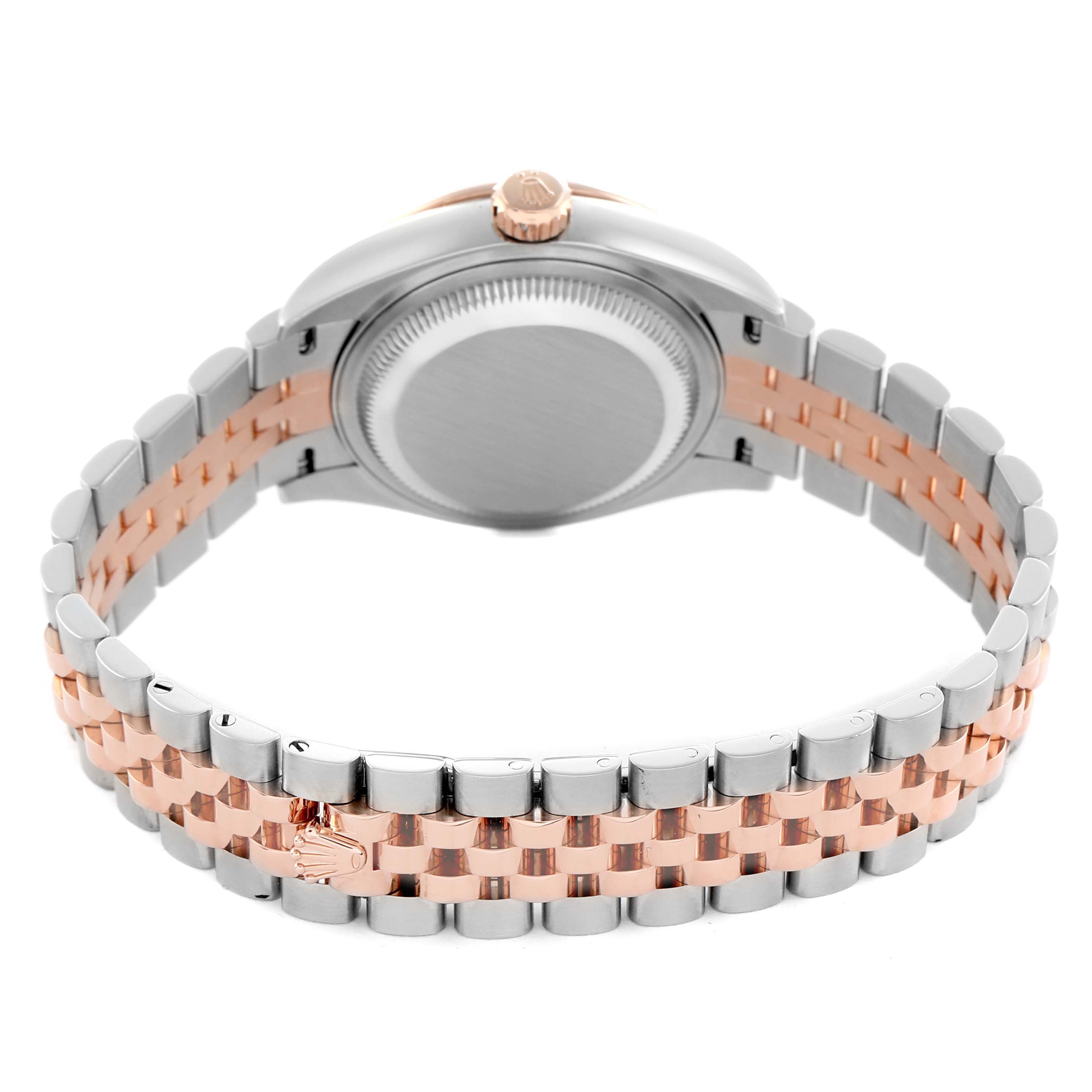 The image shows the back and side view of a Rolex Datejust 279381 Women's Stainless Steel Mother of Pearl Dial, focusing on the bracelet and the case back.