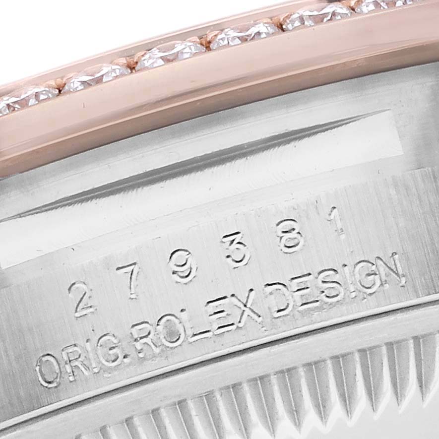 The image shows a close-up of a Rolex Datejust 279381 Women's Stainless Steel Mother of Pearl Dial, highlighting the diamond-studded bezel and the engraved "ORIG. ROLEX DESIGN."