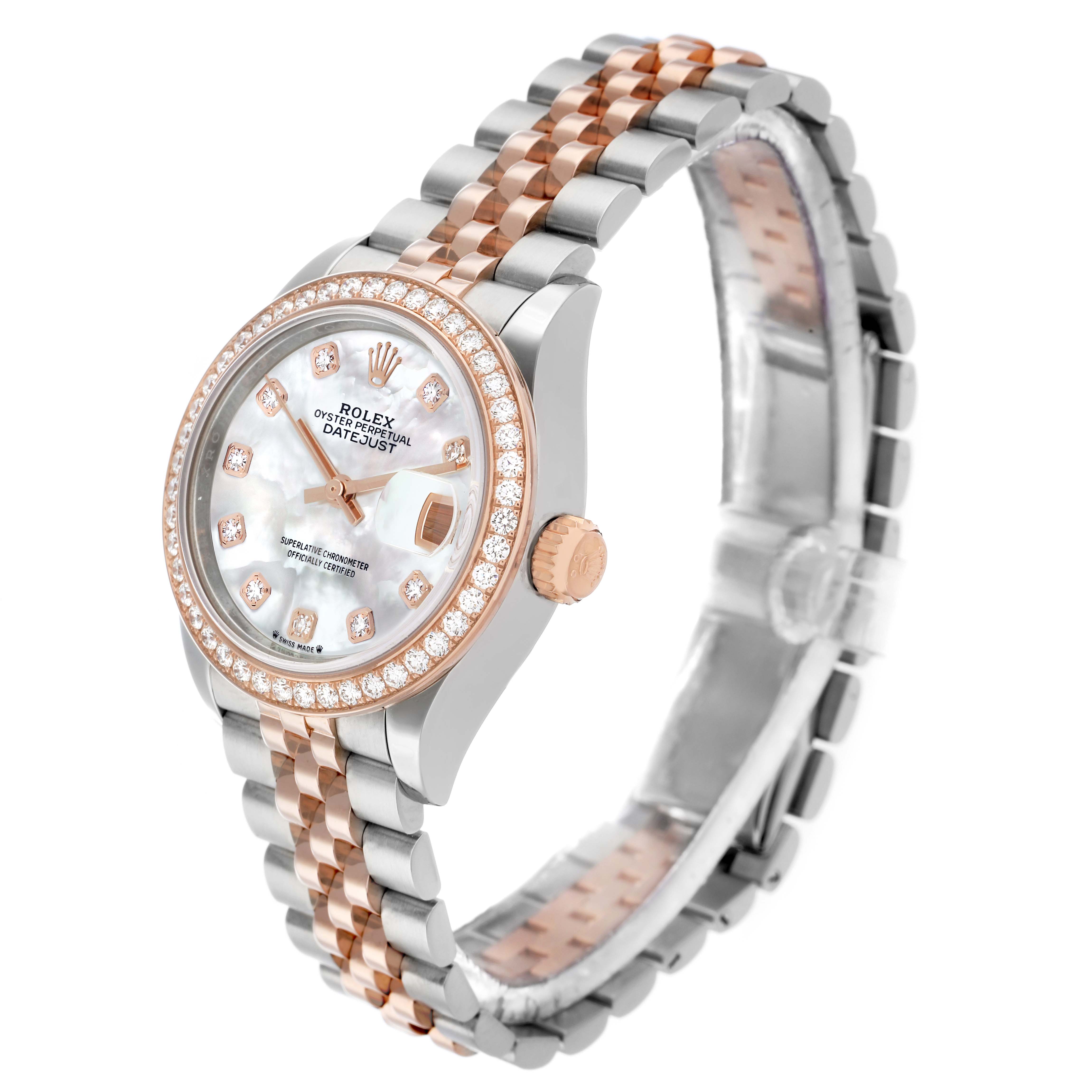 The Rolex Datejust 279381 Women's Stainless Steel Mother of Pearl Dial watch is shown at a front-side angle, highlighting the face, bezel, and bracelet.