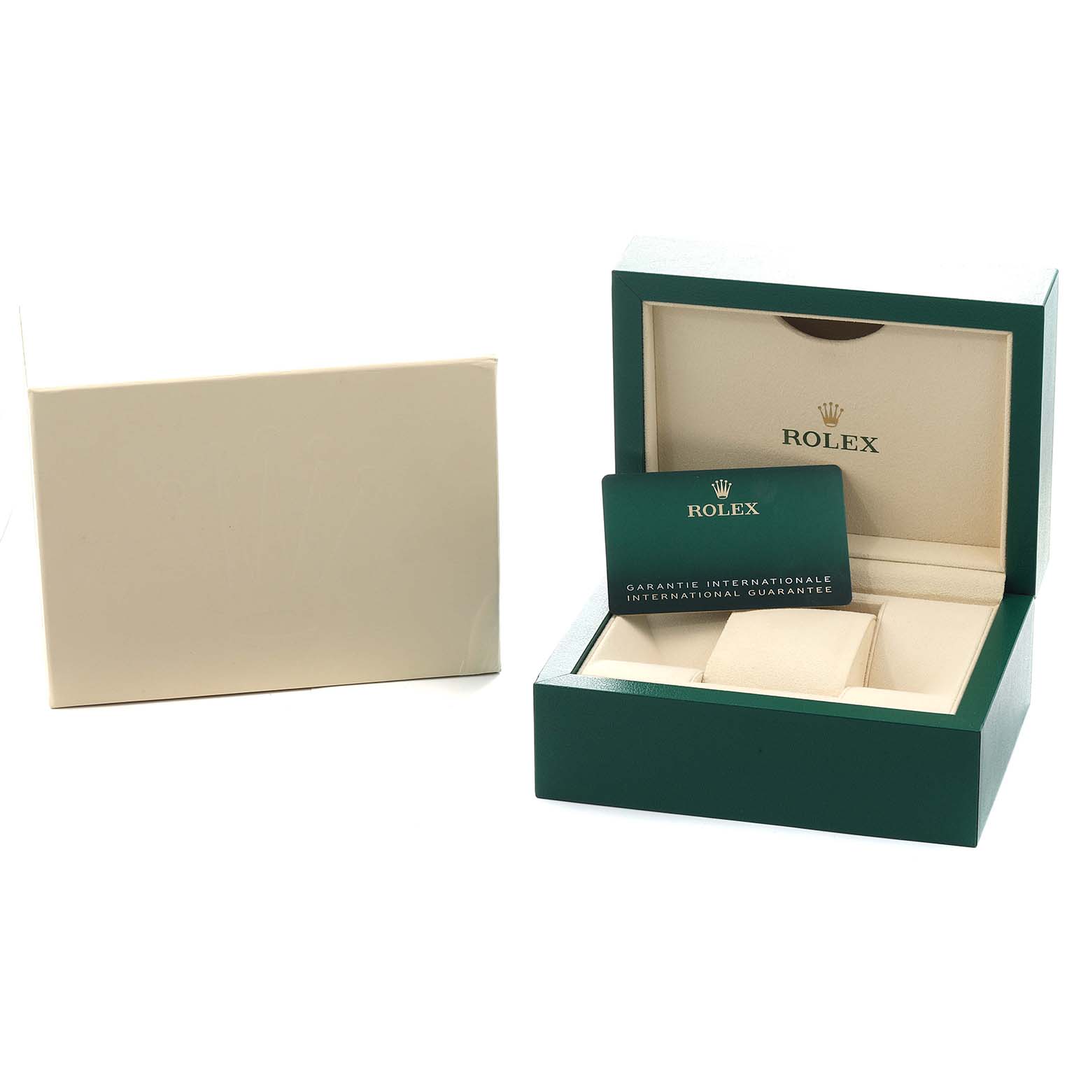 The image shows the opened packaging of a Rolex Datejust 279381 Women's Stainless Steel Mother of Pearl Dial, including the box, cushion, and international guarantee card.