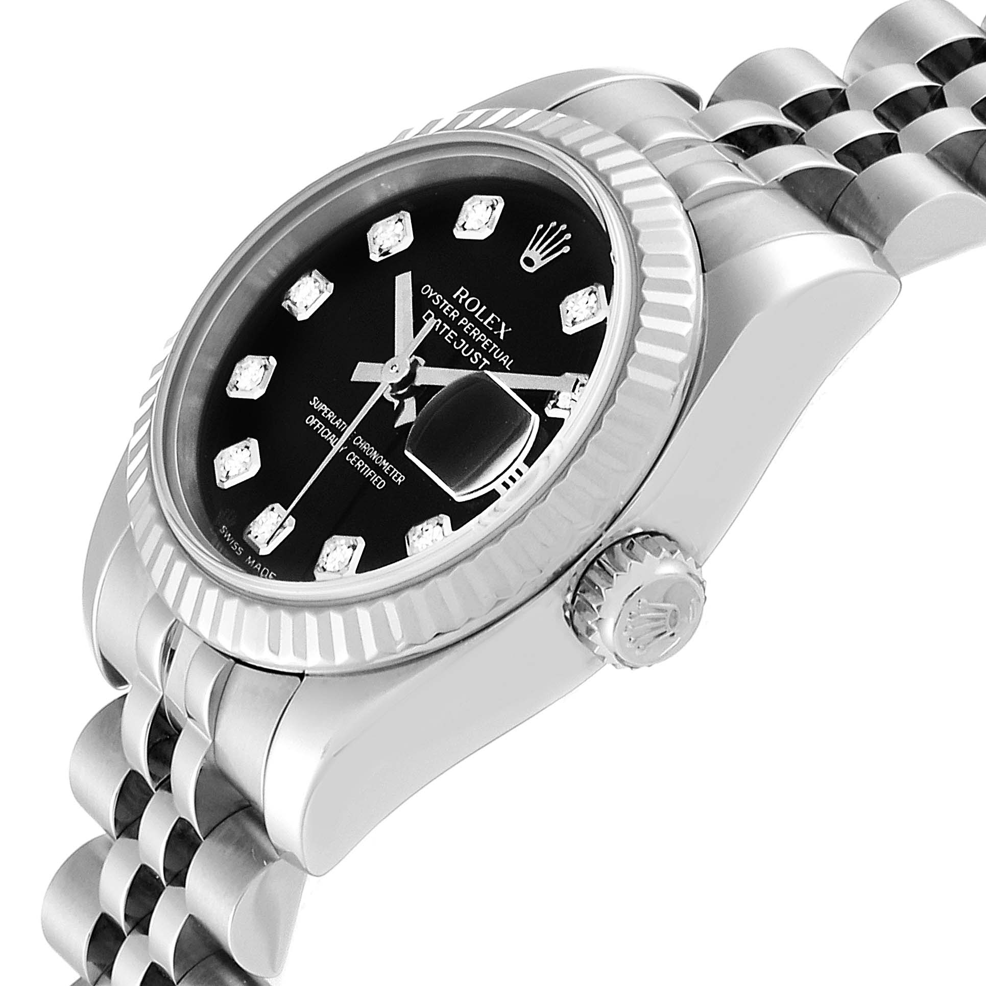 The image shows a side angle of a Rolex Datejust 179174 Women's White Gold Black Dial 179174 Women's White Gold Black Dial watch, highlighting its bezel, crown, dial, and part of the bracelet.