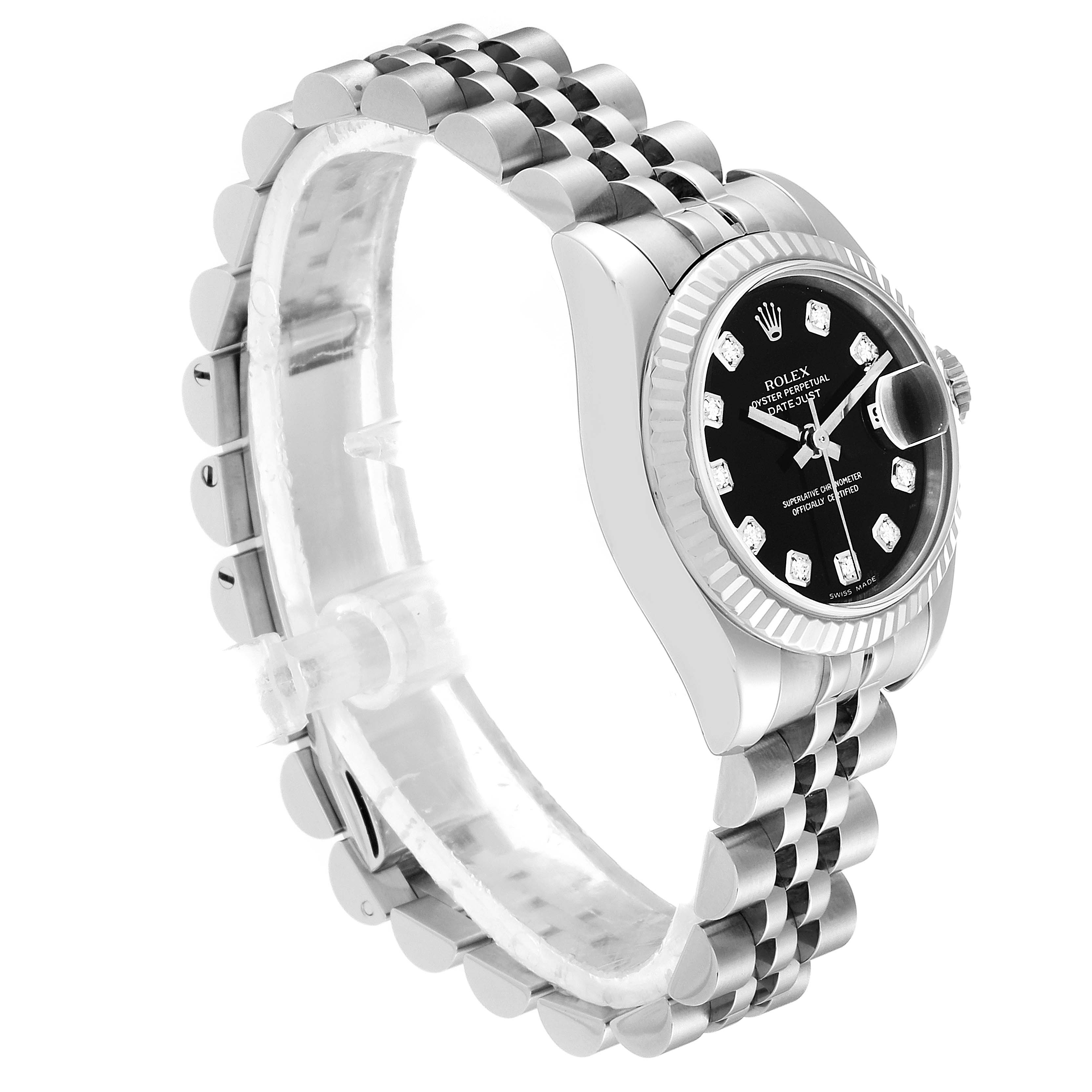 The image shows a Rolex Datejust 179174 Women's White Gold Black Dial 179174 Women's White Gold Black Dial watch from a three-quarter angle, displaying the bracelet, case, and black dial.