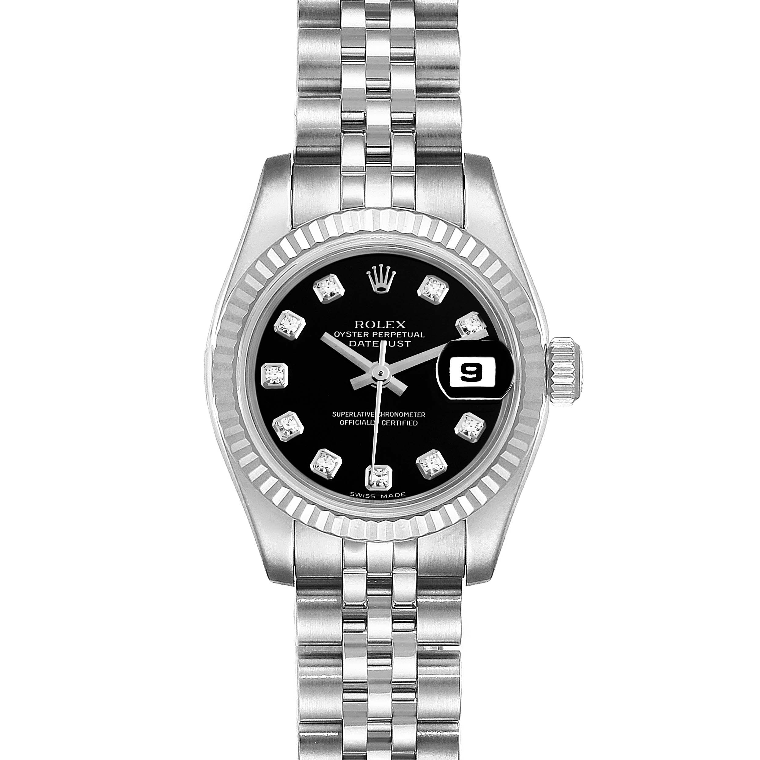 This image shows a Rolex Datejust 179174 Women's White Gold Black Dial 179174 Women's White Gold Black Dial watch from a top-down view, highlighting the face, dial, and linked metal bracelet.