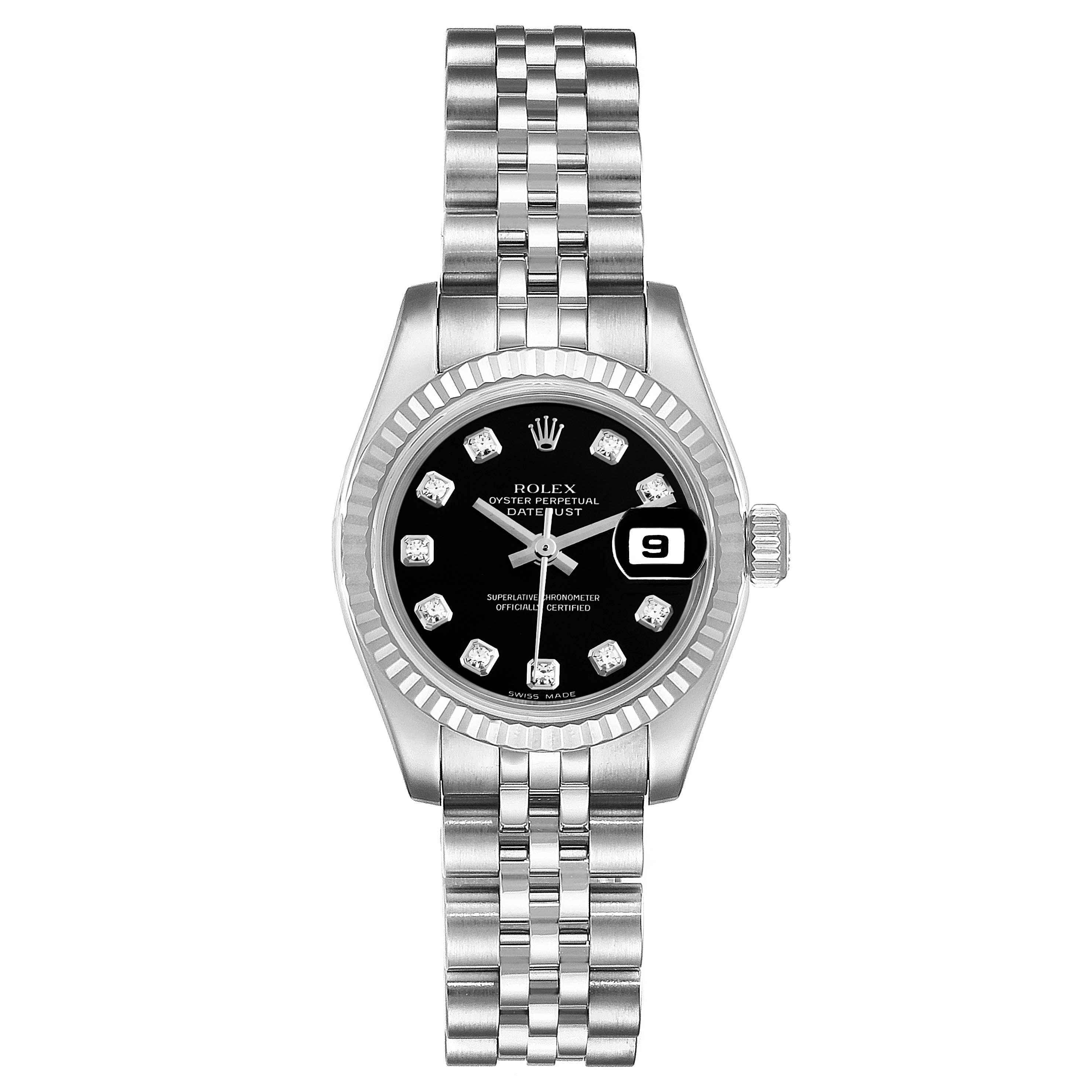 This Rolex Datejust 179174 Women's White Gold Black Dial 179174 Women's White Gold Black Dial model is shown from a straight-on angle, displaying its face, bezel, bracelet, and crown.