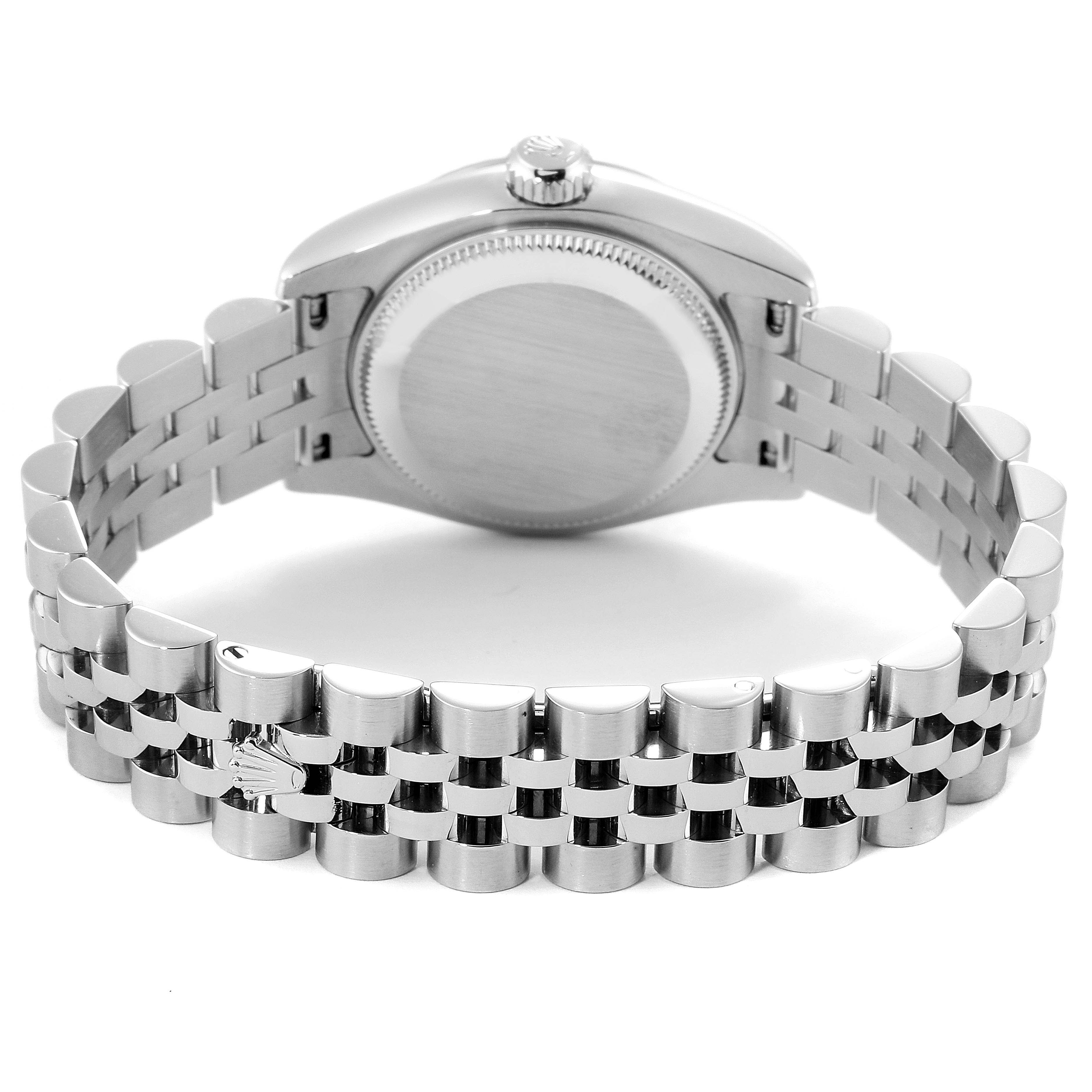 This image shows the back view of a Rolex Datejust 179174 Women's White Gold Black Dial 179174 Women's White Gold Black Dial watch, including the case back and metal bracelet.