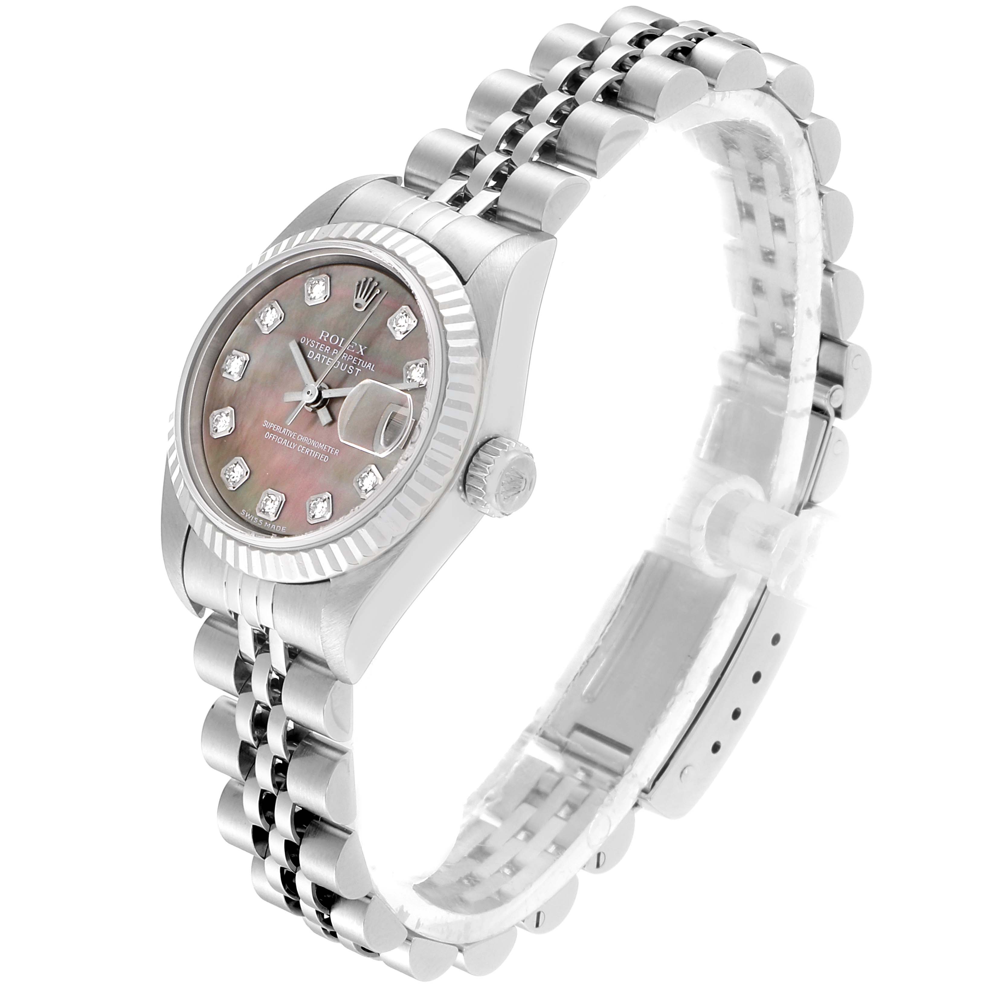 The image shows a Rolex Datejust 79174 Women
s Stainless Steel Mother of Pearl Dial 79174 Women
s Stainless Steel Mother of Pearl Dial watch from a front angle, featuring its face, bezel, crown, and bracelet.