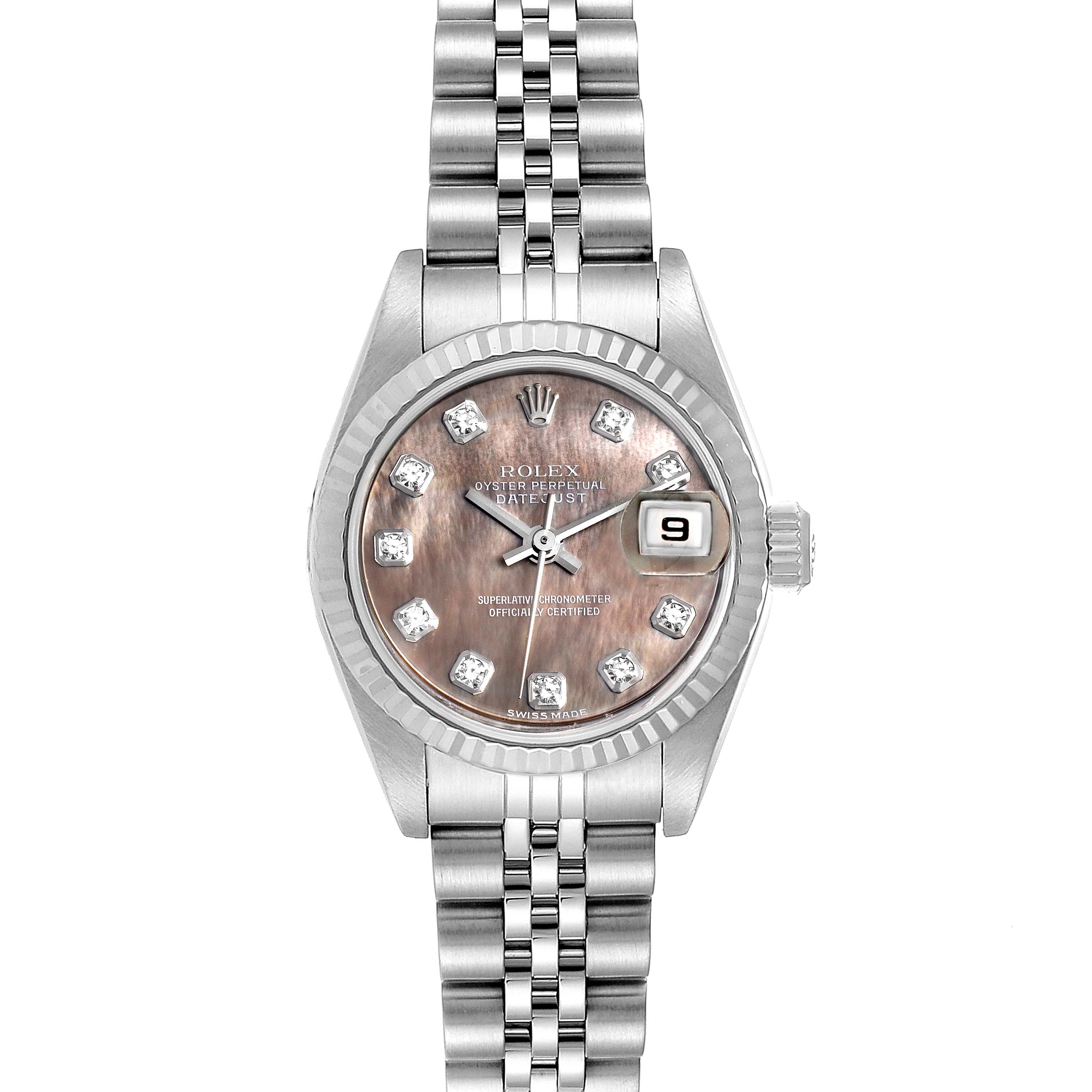 This image shows a front view of a Rolex Datejust 79174 Women
s Stainless Steel Mother of Pearl Dial 79174 Women
s Stainless Steel Mother of Pearl Dial watch, displaying the face, bezel, and part of the bracelet.