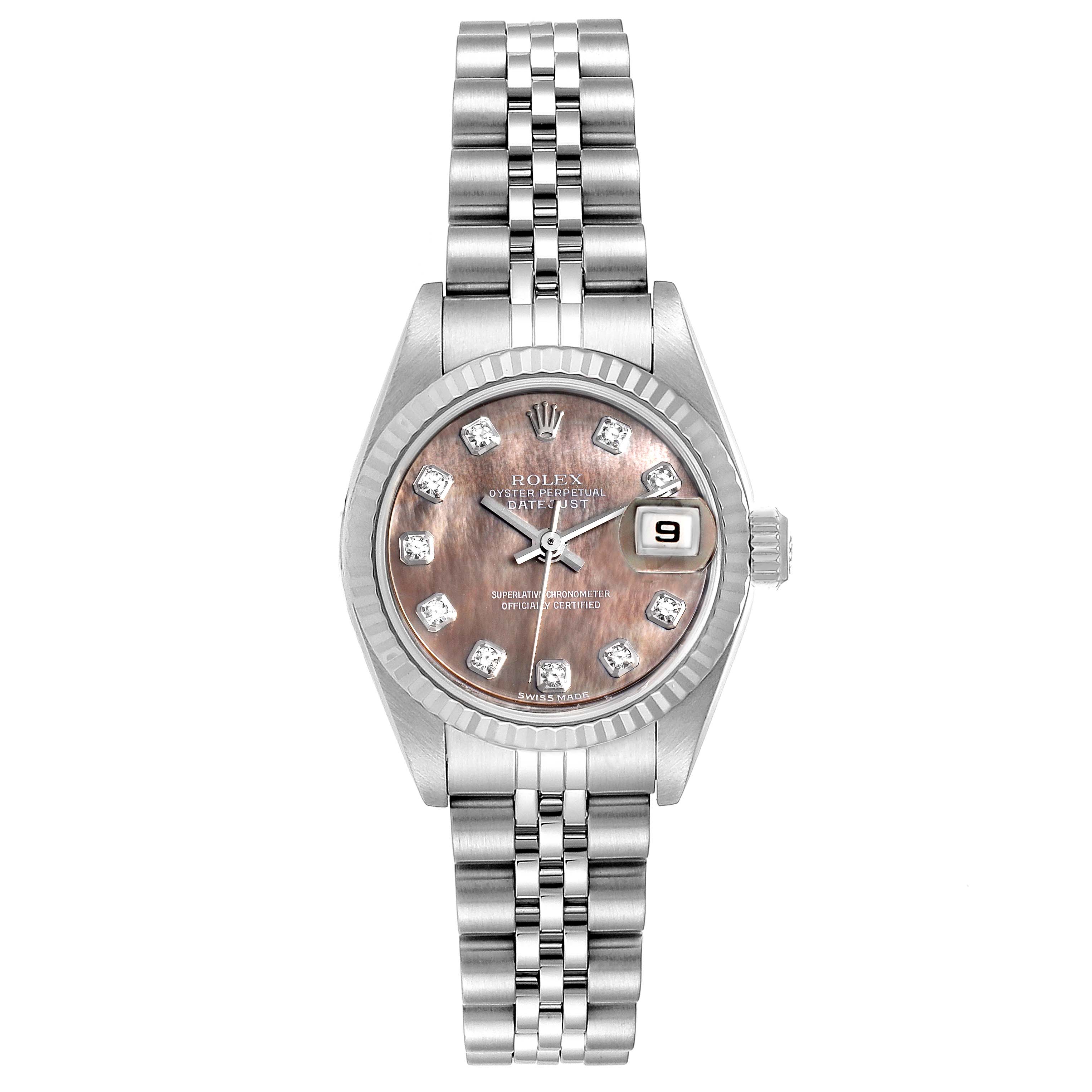 This image shows the front view of a Rolex Datejust 79174 Women
s Stainless Steel Mother of Pearl Dial 79174 Women
s Stainless Steel Mother of Pearl Dial watch, highlighting the dial, hands, date window, and bracelet.