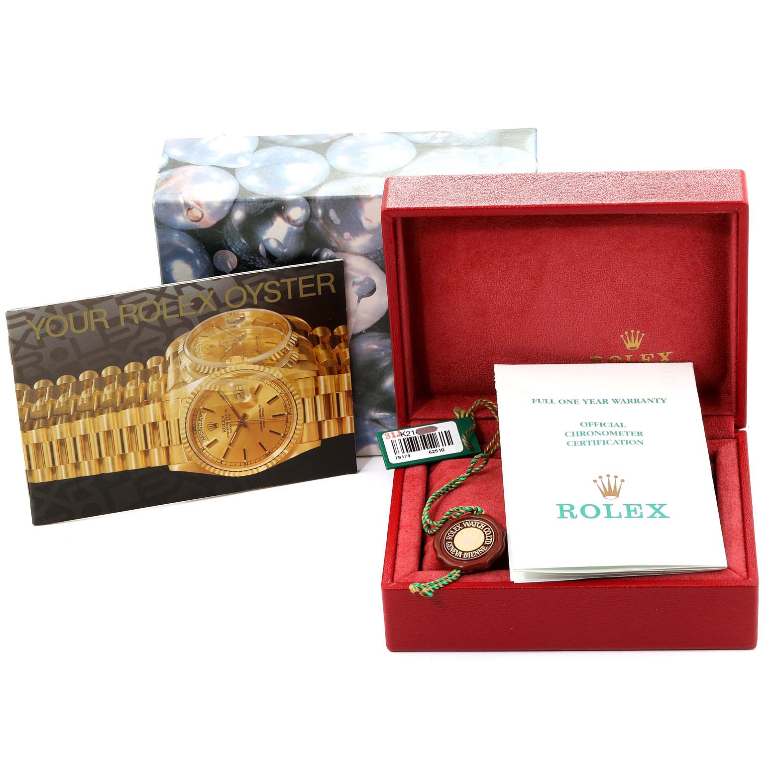 The image shows accessories for the Rolex Datejust 79174 Women
s Stainless Steel Mother of Pearl Dial 79174 Women
s Stainless Steel Mother of Pearl Dial, including a warranty card, box, booklet, hang tag, and packaging.