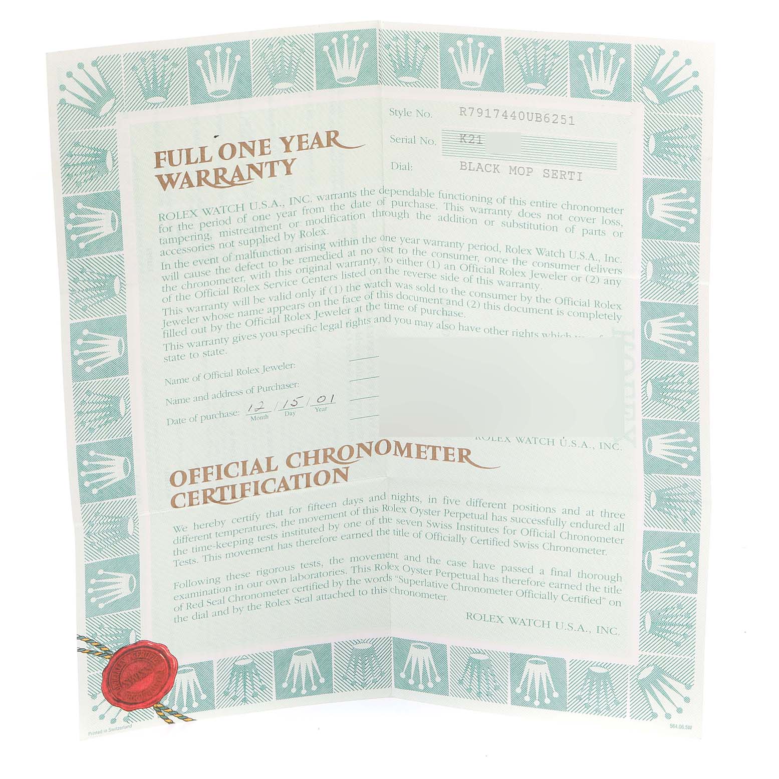 The image shows a full open view of a Rolex Datejust 79174 Women
s Stainless Steel Mother of Pearl Dial 79174 Women
s Stainless Steel Mother of Pearl Dial model warranty and chronometer certification document.