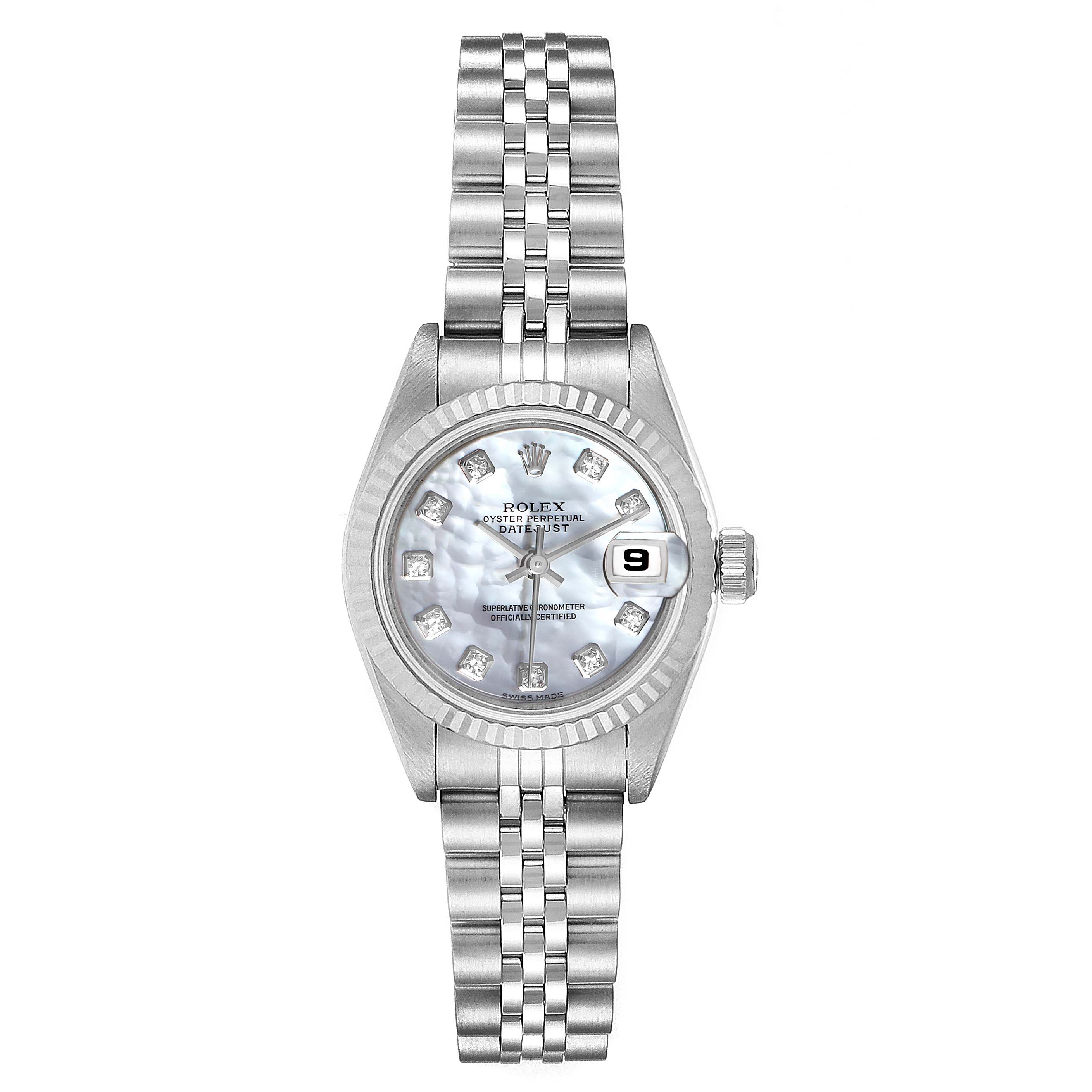 The Rolex Datejust 79174 Women
s Stainless Steel Mother of Pearl Dial 79174 Women
s Stainless Steel Mother of Pearl Dial watch is shown from a top-down angle, displaying the dial, bezel, and bracelet.