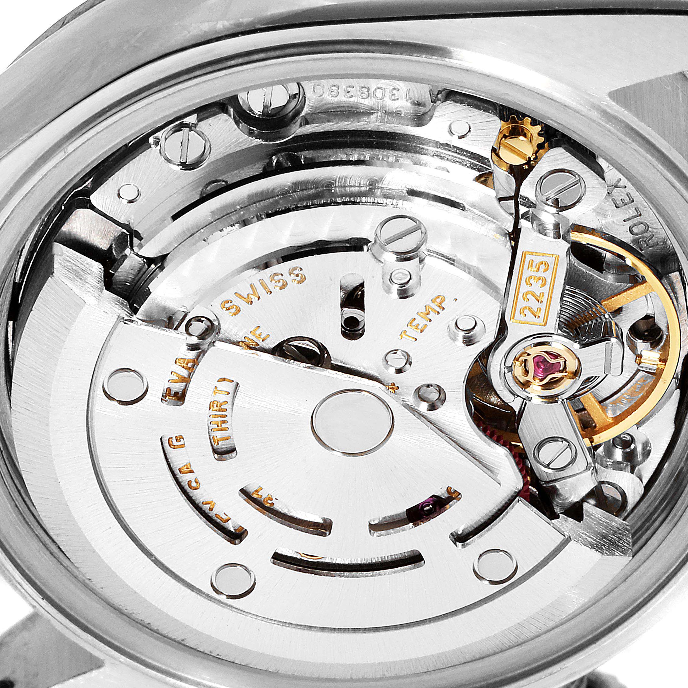 The image shows a close-up view of the movement mechanism inside a Rolex Datejust 79174 Women
s Stainless Steel Mother of Pearl Dial 79174 Women
s Stainless Steel Mother of Pearl Dial watch.