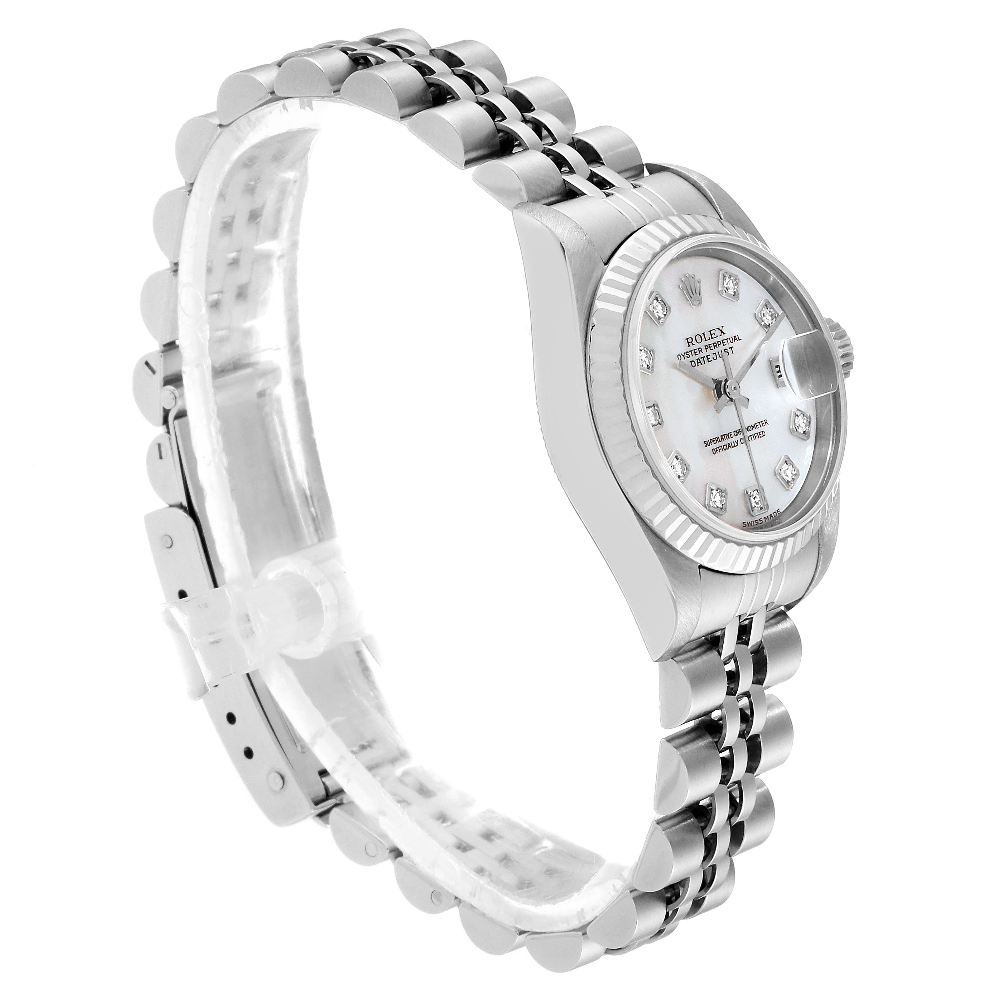 This image shows a side profile of a Rolex Datejust 79174 Women
s Stainless Steel Mother of Pearl Dial 79174 Women
s Stainless Steel Mother of Pearl Dial watch, highlighting its band, case, and face.