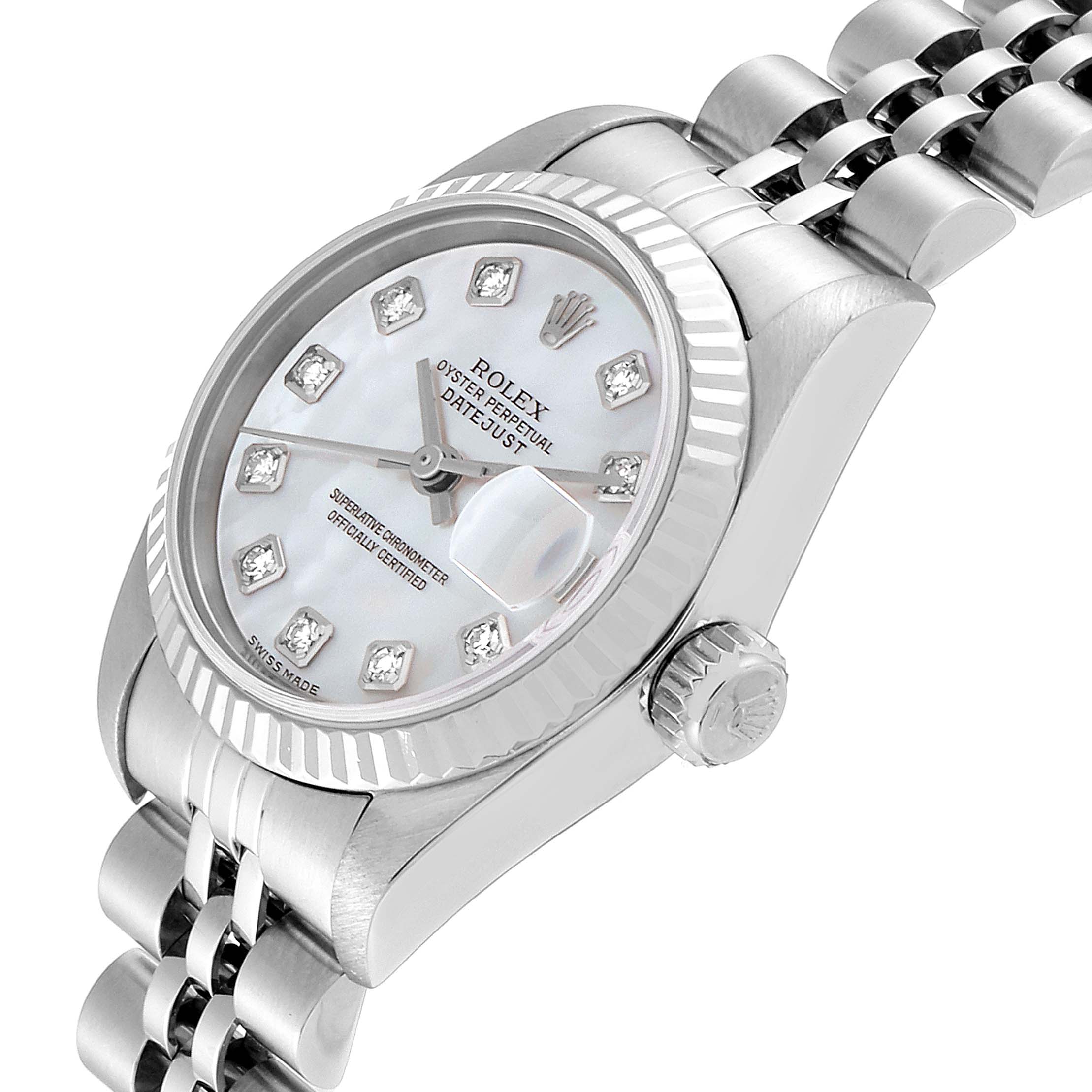 The image shows a Rolex Datejust 79174 Women
s Stainless Steel Mother of Pearl Dial 79174 Women
s Stainless Steel Mother of Pearl Dial watch at an angled view, highlighting its face, bezel, and partially the bracelet.