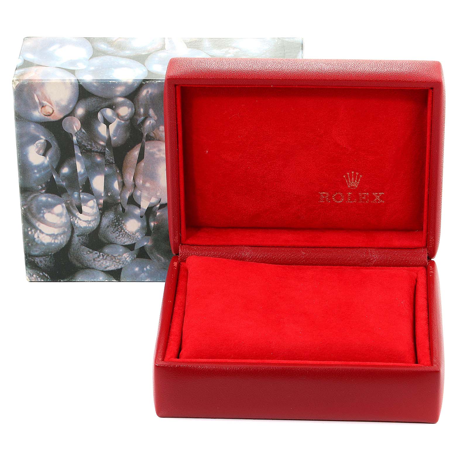 This image shows a red Rolex Datejust 79174 Women
s Stainless Steel Mother of Pearl Dial 79174 Women
s Stainless Steel Mother of Pearl Dial watch box with its top open, revealing the velvet interior and the cushion inside.