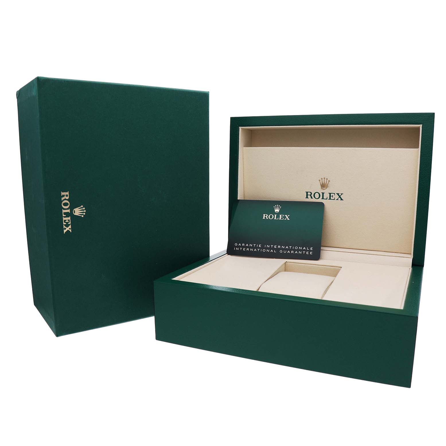 The image shows the packaging for a Rolex Datejust 126233 Men's Steel and Gold (two tone) Black Dial, including a green box and a guarantee card.
