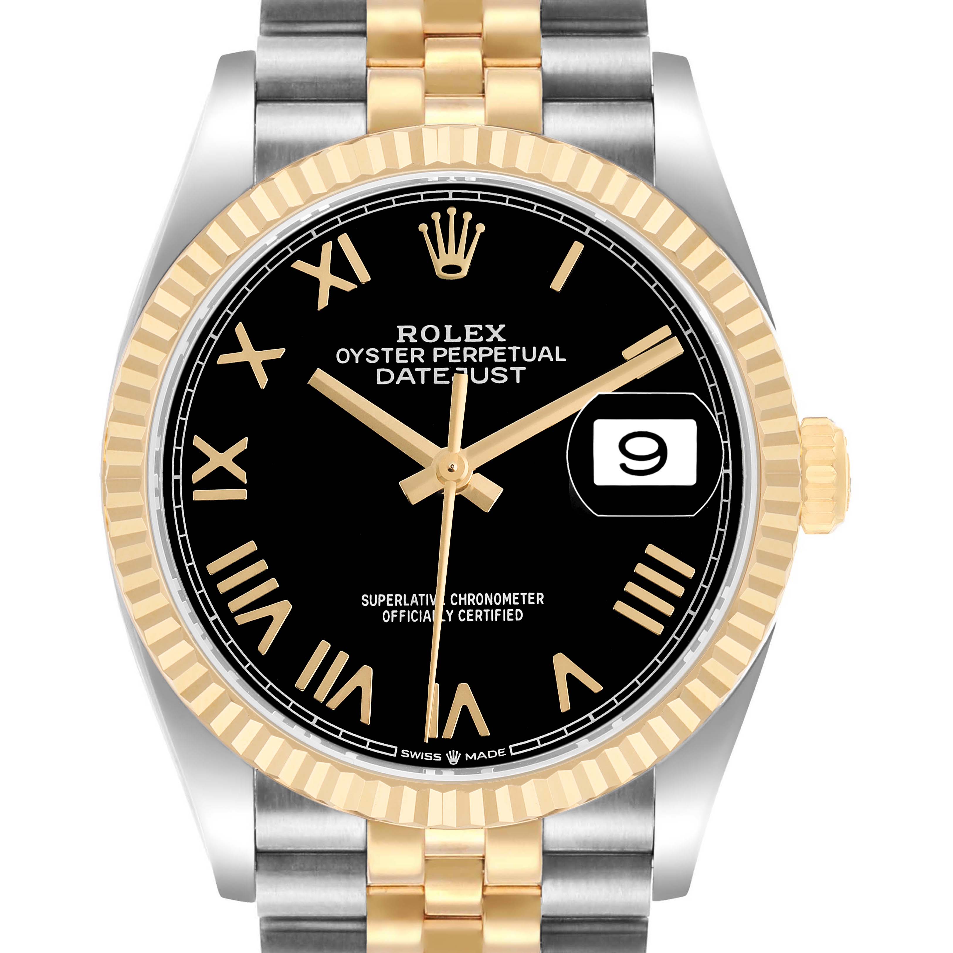 The Rolex Datejust 126233 Men's Steel and Gold (two tone) Black Dial watch is shown from a front view, highlighting its black dial, fluted bezel, gold hour markers, and Jubilee bracelet.