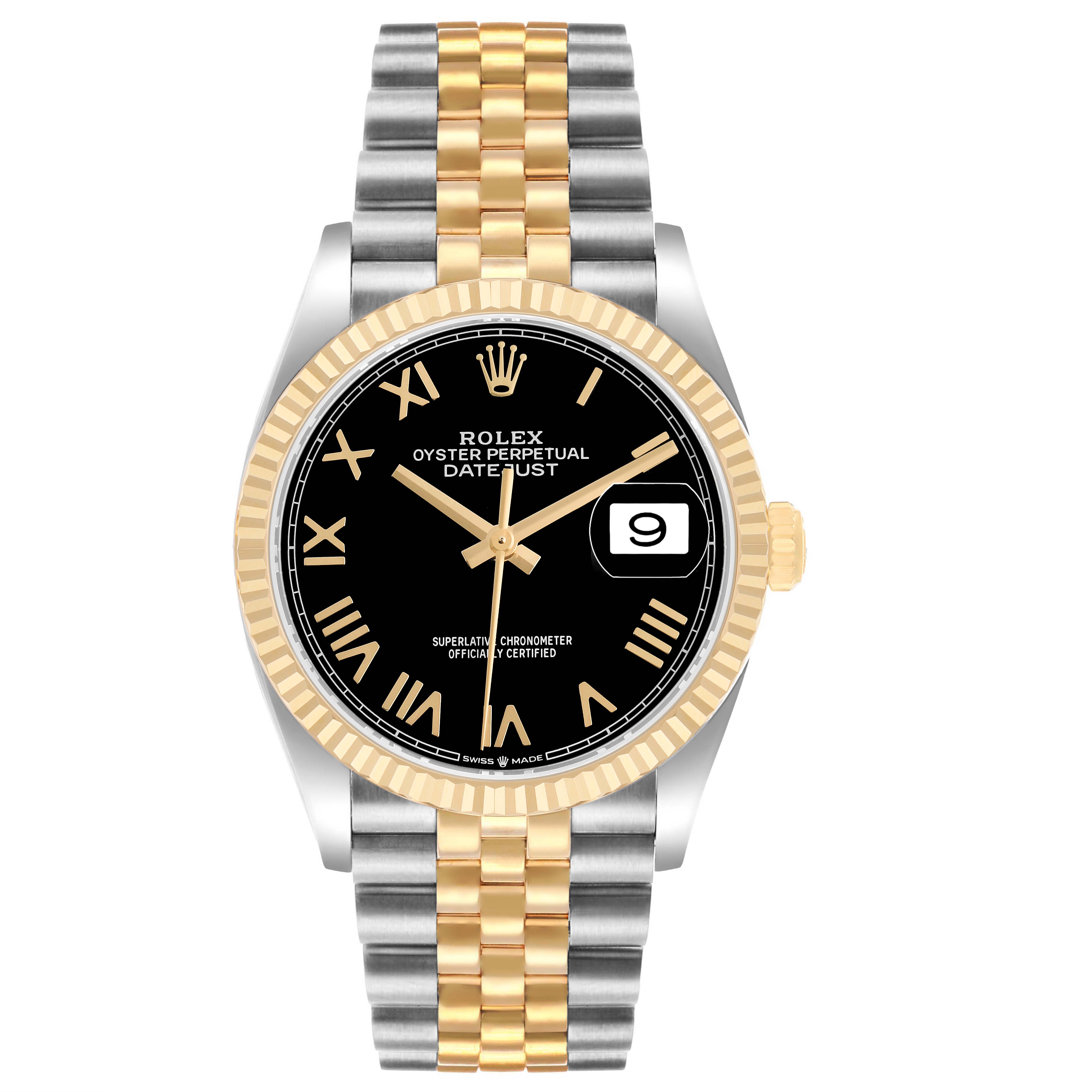 The Rolex Datejust 126233 Men's Steel and Gold (two tone) Black Dial watch is shown from the front, highlighting its black dial, gold bezel, and two-tone bracelet.