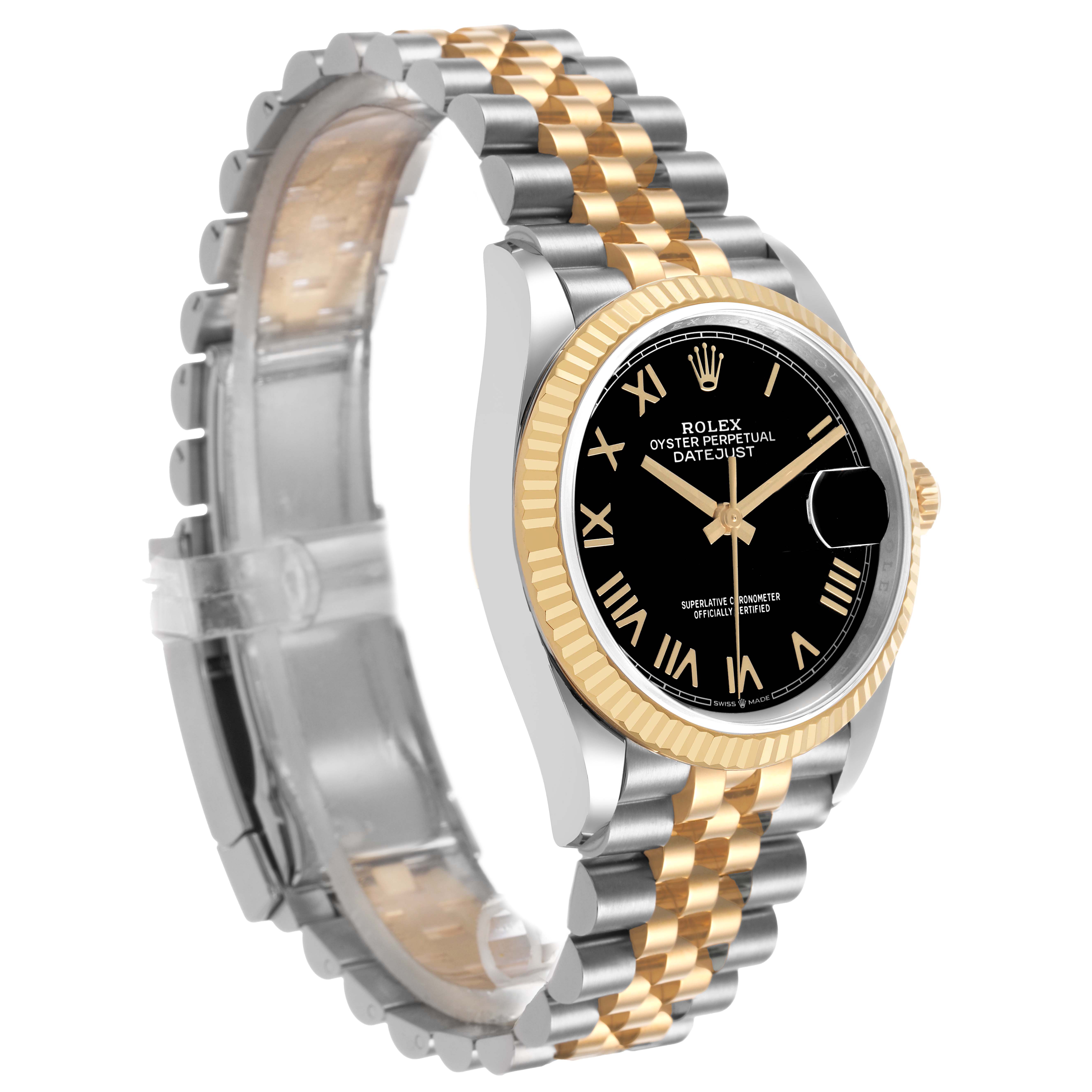 The Rolex Datejust 126233 Men's Steel and Gold (two tone) Black Dial watch is shown at a slight angle, highlighting the bracelet, case, dial, and fluted bezel.