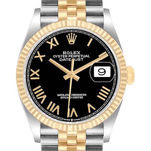 The Rolex Datejust 126233 Men's Steel and Gold (two tone) Black Dial watch is shown from the front, displaying its black dial, gold bezel, and two-tone bracelet.