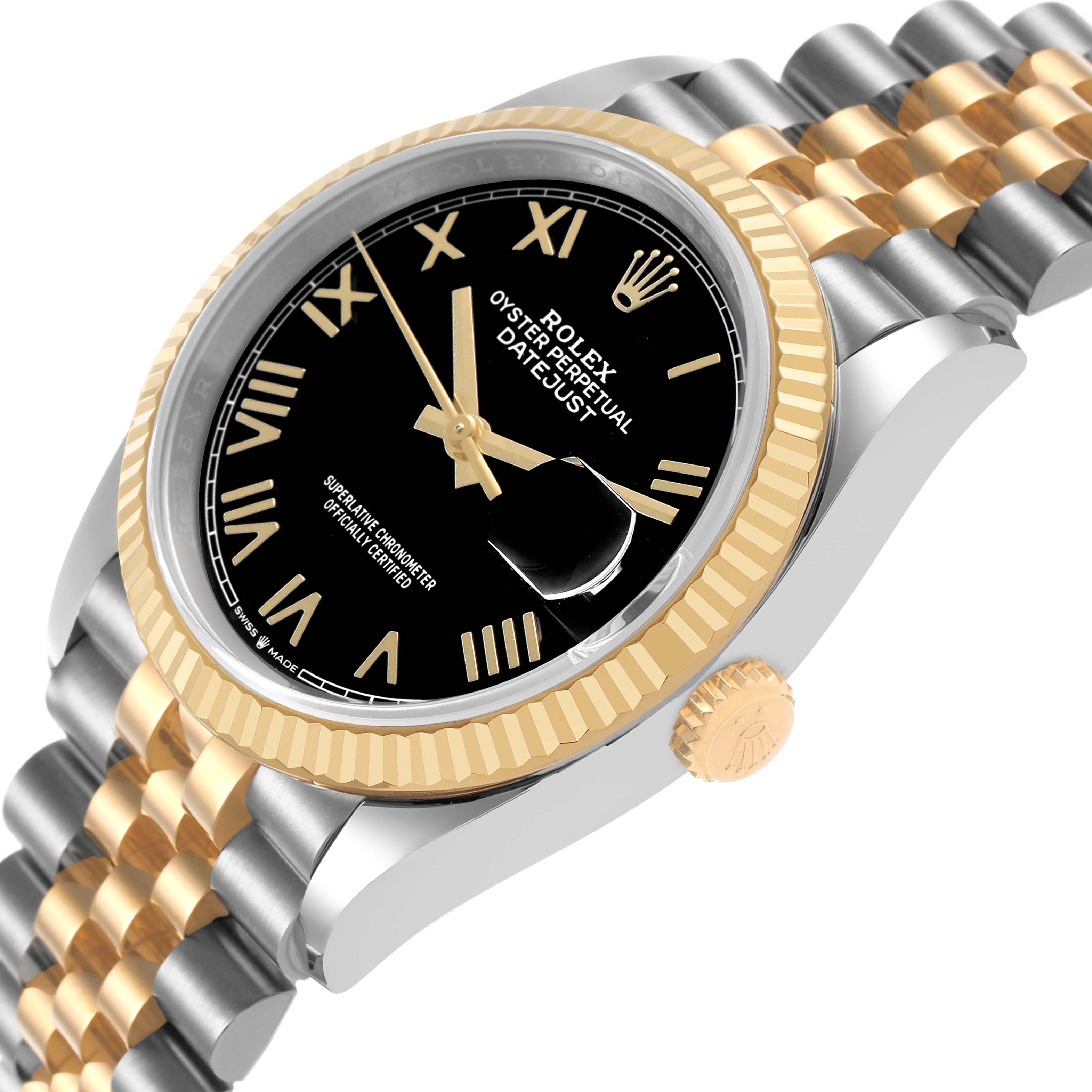 The Rolex Datejust 126233 Men's Steel and Gold (two tone) Black Dial watch is shown at a slight angle, highlighting the face, bezel, and Jubilee bracelet.