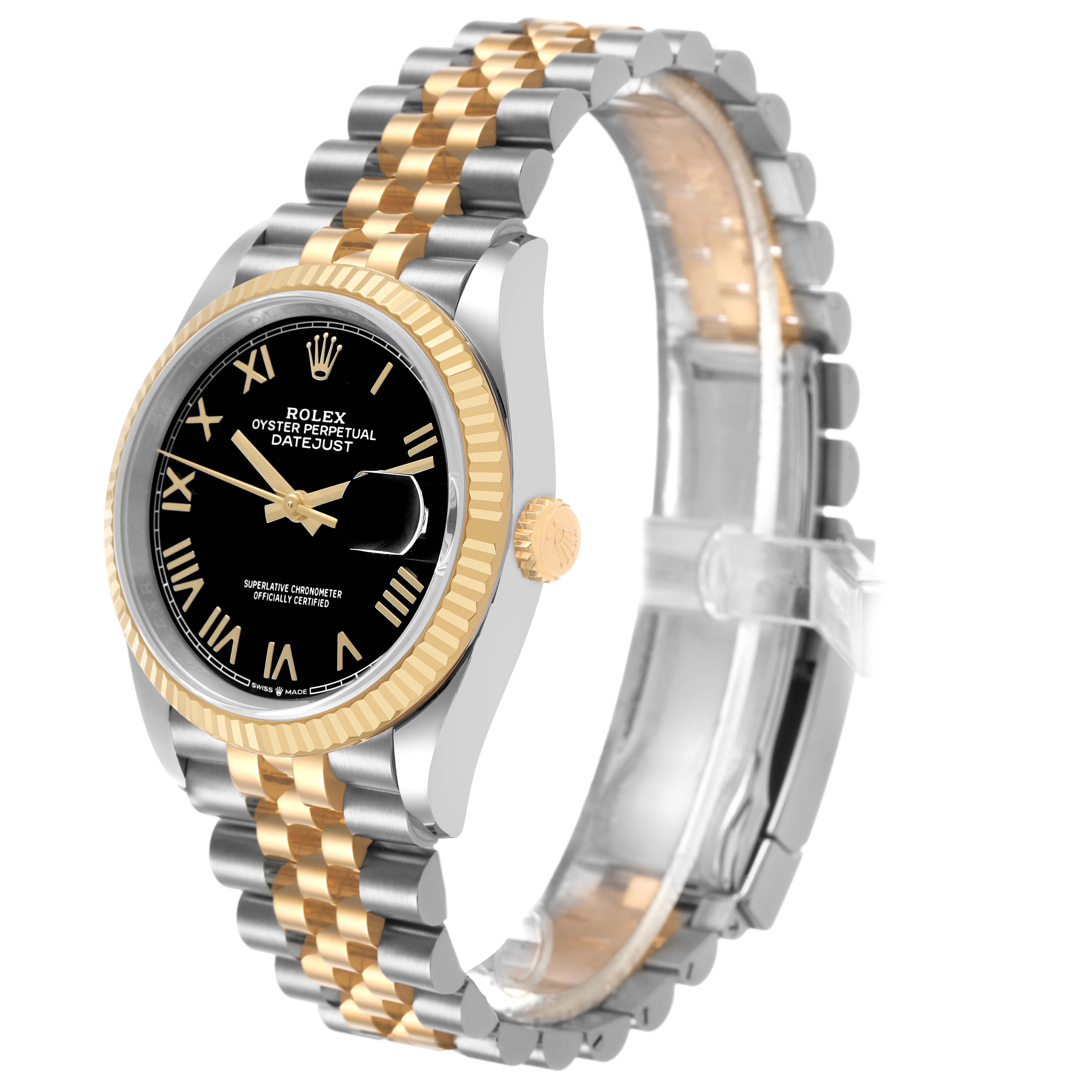 The Rolex Datejust 126233 Men's Steel and Gold (two tone) Black Dial is shown at a side angle, highlighting the bracelet, bezel, and face.
