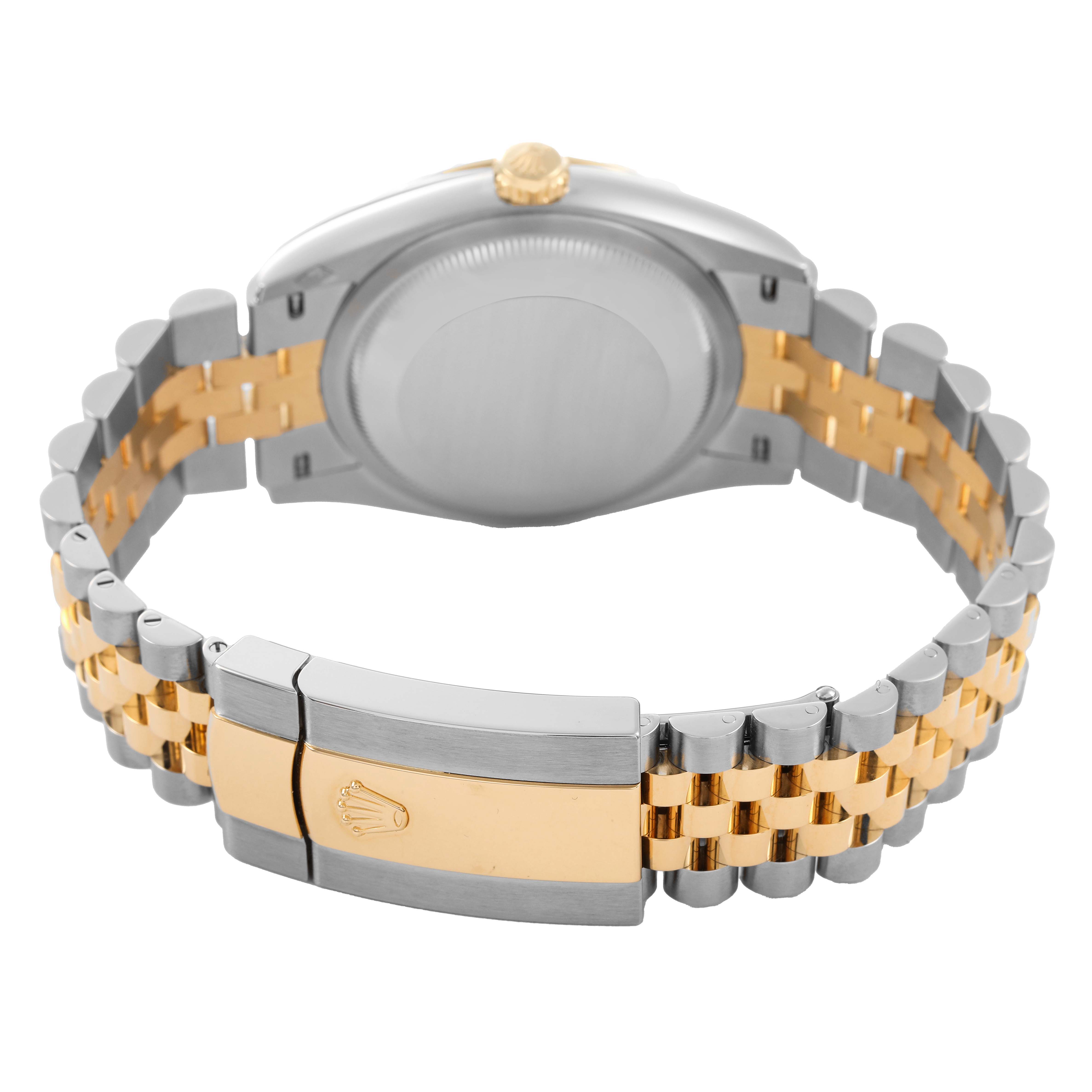 The image shows the back and bracelet of a Rolex Datejust 126233 Men's Steel and Gold (two tone) Black Dial, featuring a two-tone metal link design and the clasp logo.