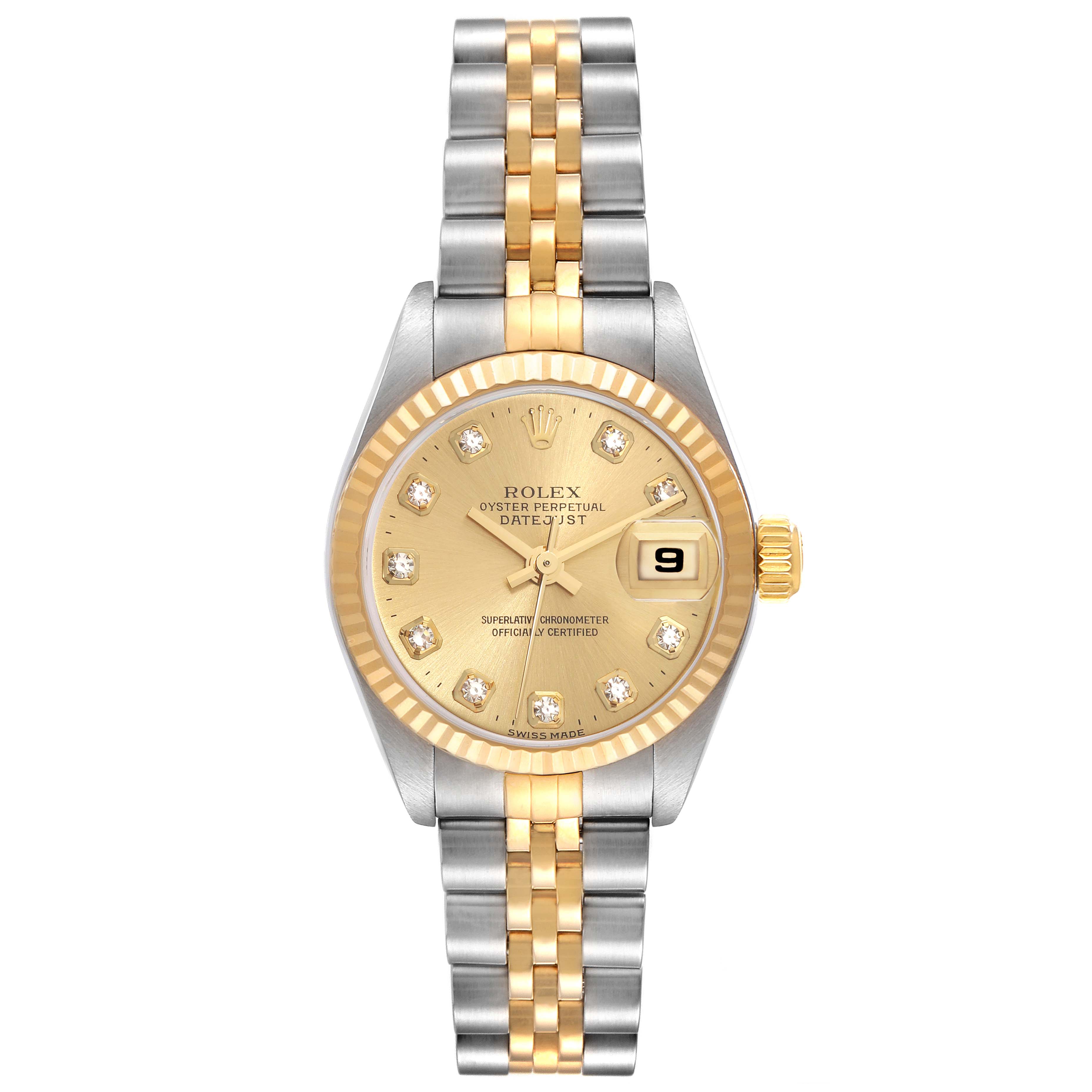 The image shows a front view of the Rolex Datejust 79173 Women's Steel and Gold (two tone) Champagne Dial 79173 Women's Steel and Gold (two tone) Champagne Dial watch, highlighting the face, bezel, and two-tone bracelet.