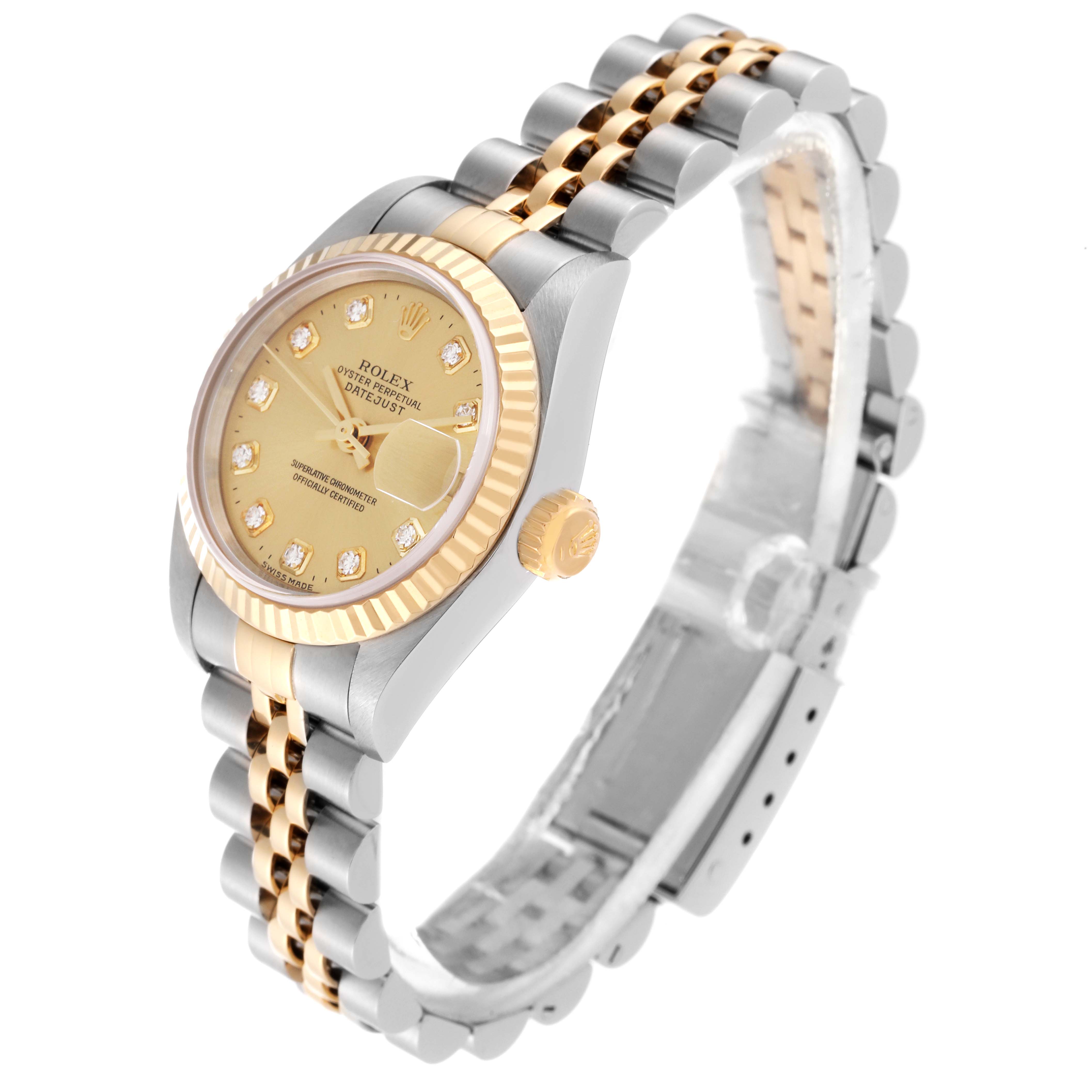 The image shows a Rolex Datejust 79173 Women's Steel and Gold (two tone) Champagne Dial 79173 Women's Steel and Gold (two tone) Champagne Dial watch at a slight angle, highlighting the dial, bezel, crown, and two-tone bracelet.