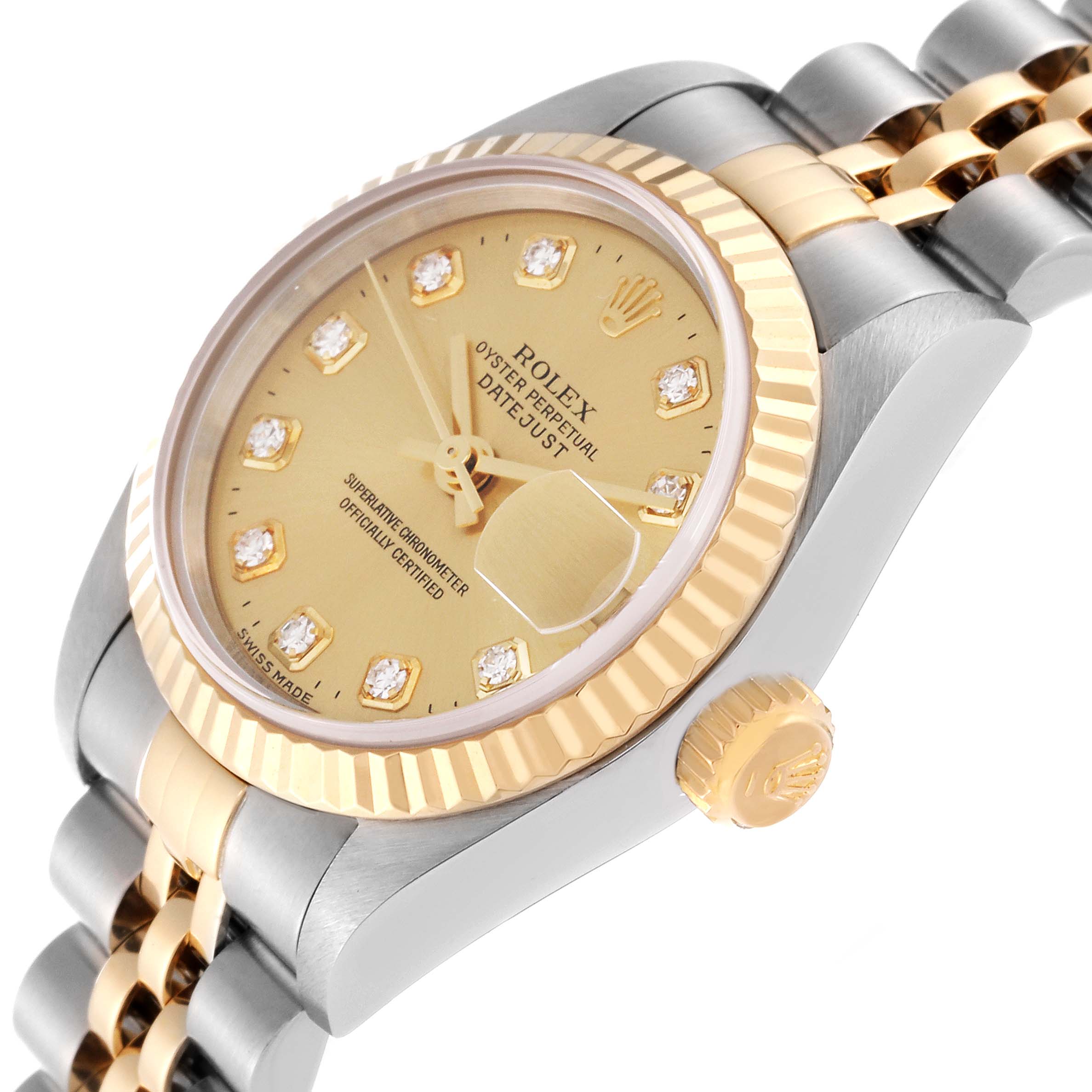 The Rolex Datejust 79173 Women's Steel and Gold (two tone) Champagne Dial 79173 Women's Steel and Gold (two tone) Champagne Dial watch is shown at an angled side view, highlighting the gold bezel, dial, crown, and dual-tone bracelet.