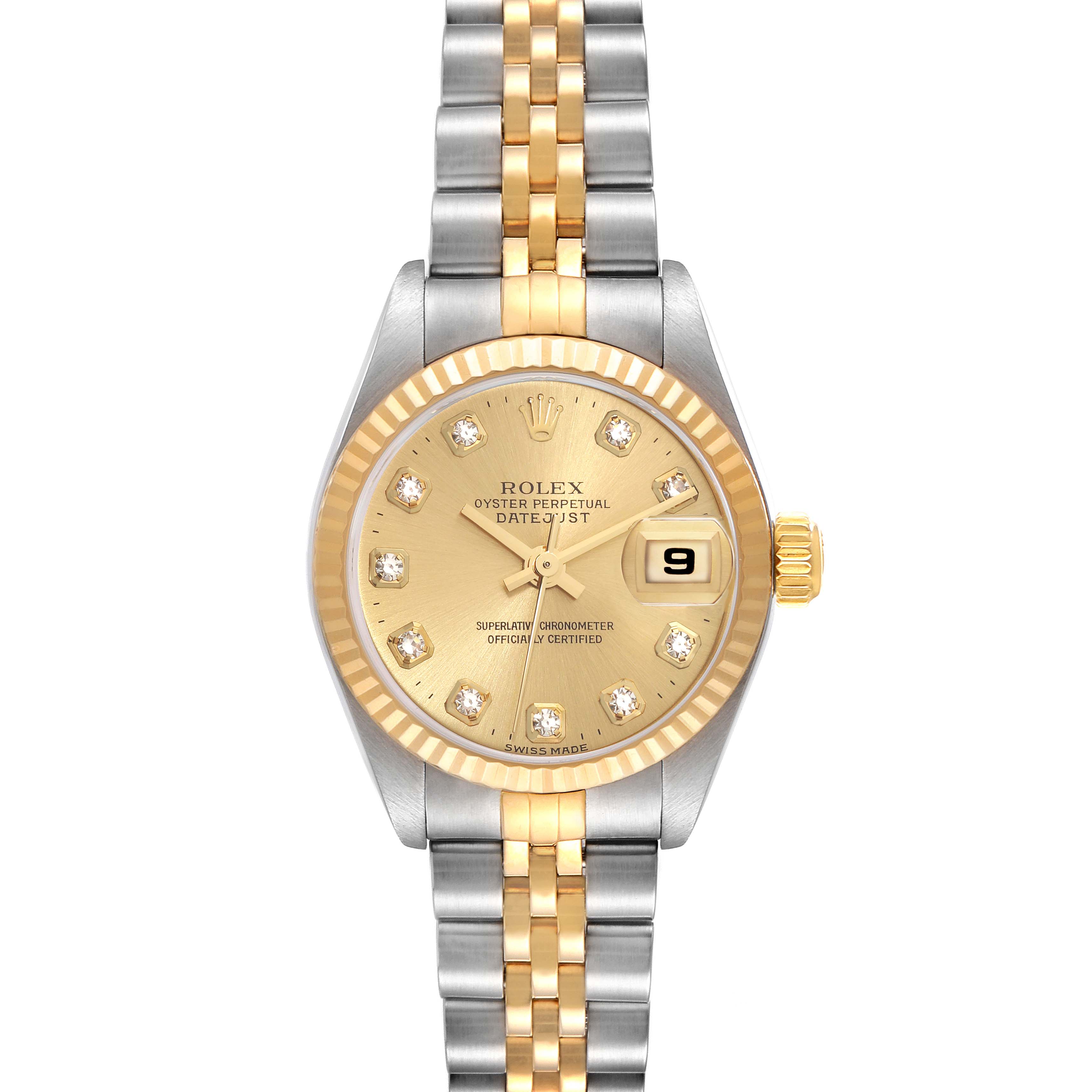 The image shows a front view of the Rolex Datejust 79173 Women's Steel and Gold (two tone) Champagne Dial 79173 Women's Steel and Gold (two tone) Champagne Dial watch, highlighting its gold dial, diamond hour markers, and two-tone bracelet.
