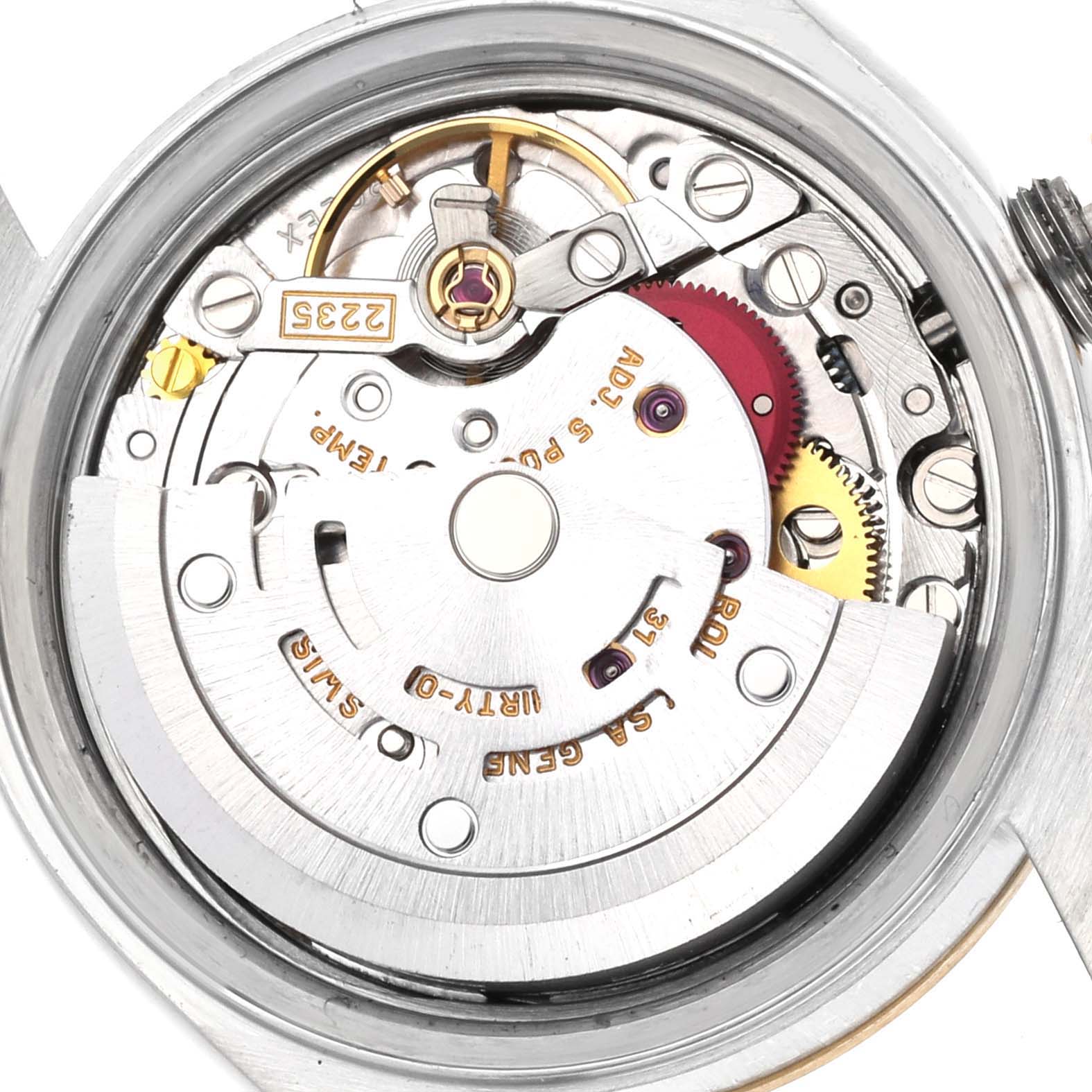 This image shows the internal mechanism and movement of a Rolex Datejust 79173 Women's Steel and Gold (two tone) Champagne Dial 79173 Women's Steel and Gold (two tone) Champagne Dial watch from a top-down angle.