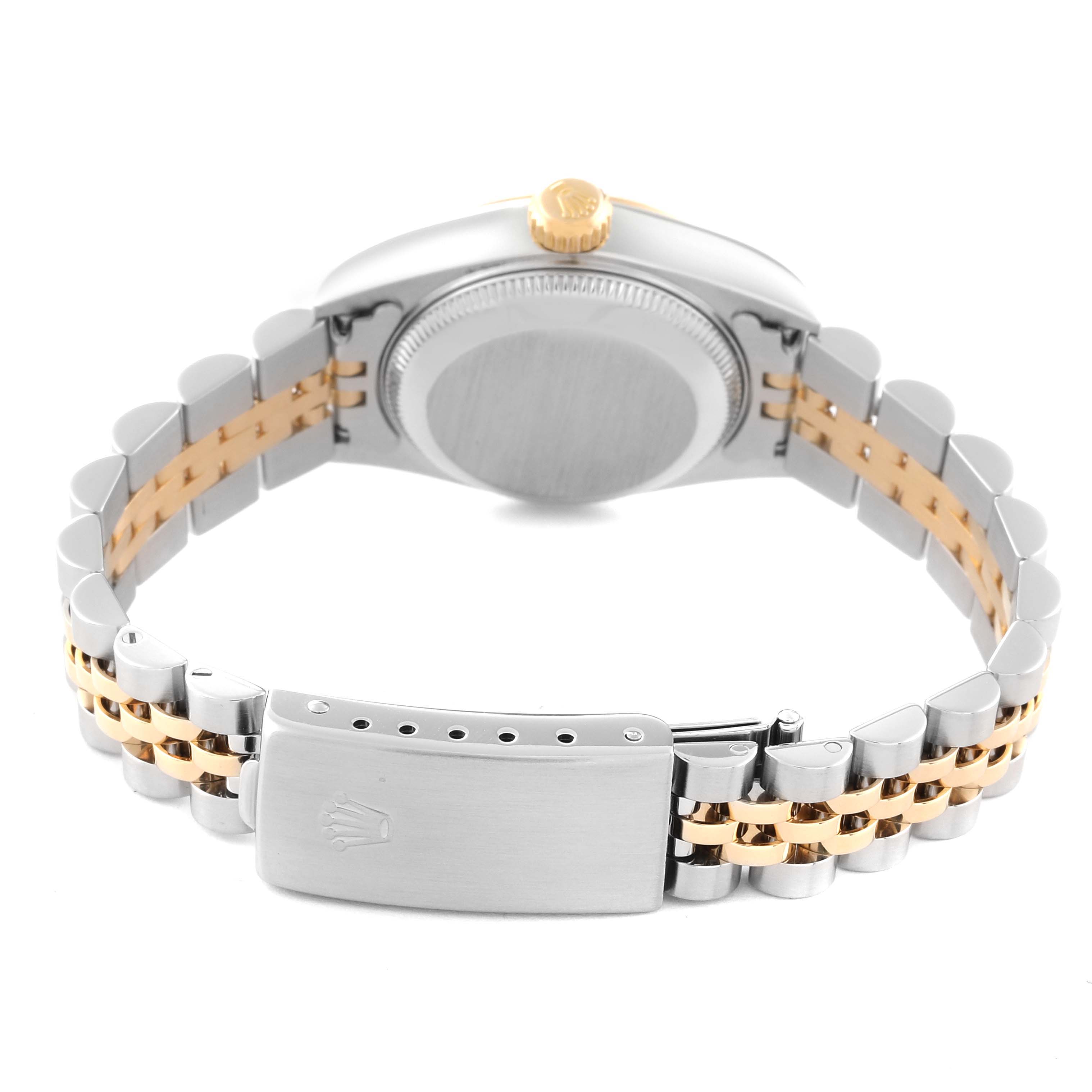 The image shows the back view of a Rolex Datejust 79173 Women's Steel and Gold (two tone) Champagne Dial 79173 Women's Steel and Gold (two tone) Champagne Dial watch, displaying the stainless steel and gold jubilee bracelet and closed clasp.