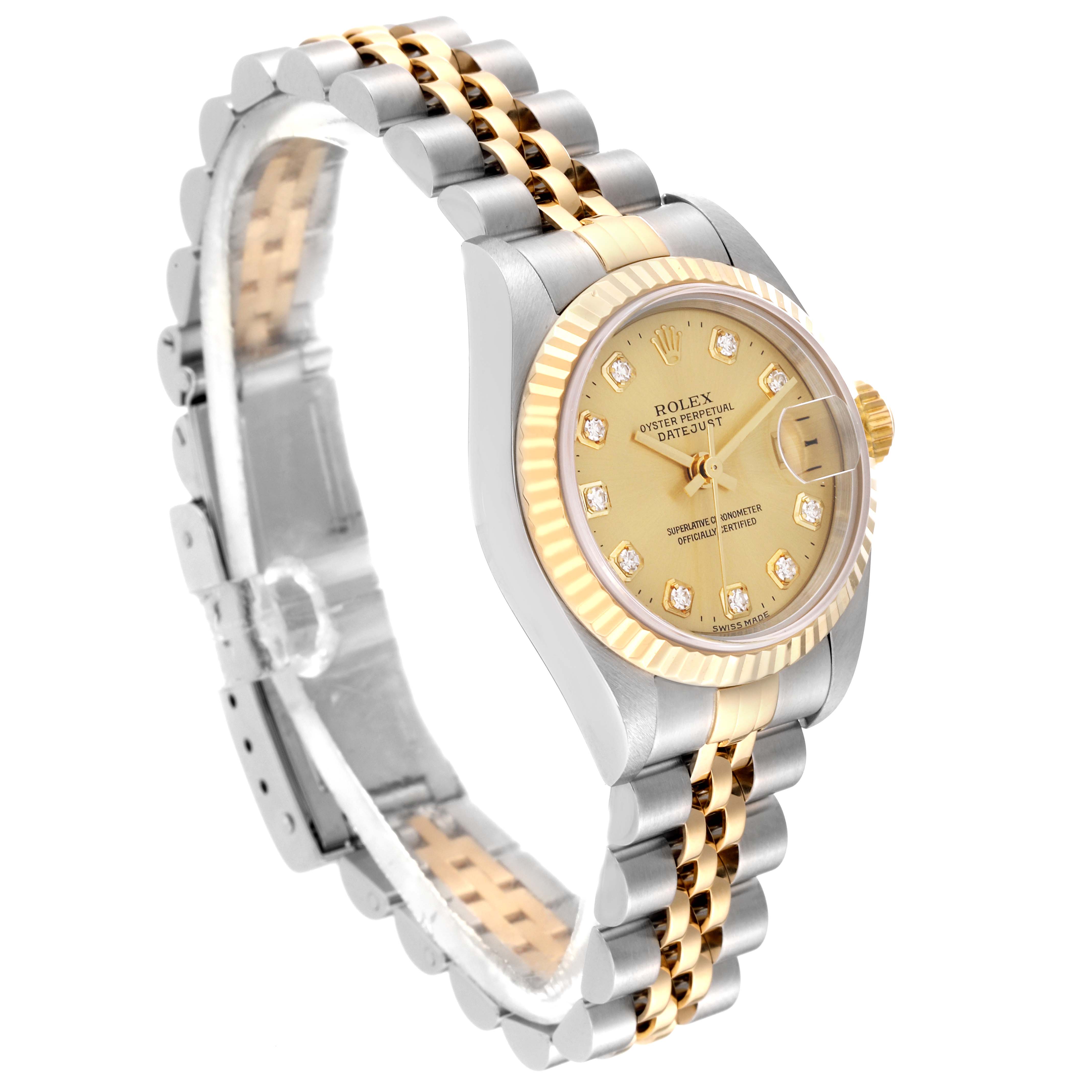 The image shows a side-angle view of the Rolex Datejust 79173 Women's Steel and Gold (two tone) Champagne Dial 79173 Women's Steel and Gold (two tone) Champagne Dial watch, highlighting its face, fluted bezel, and two-tone bracelet.