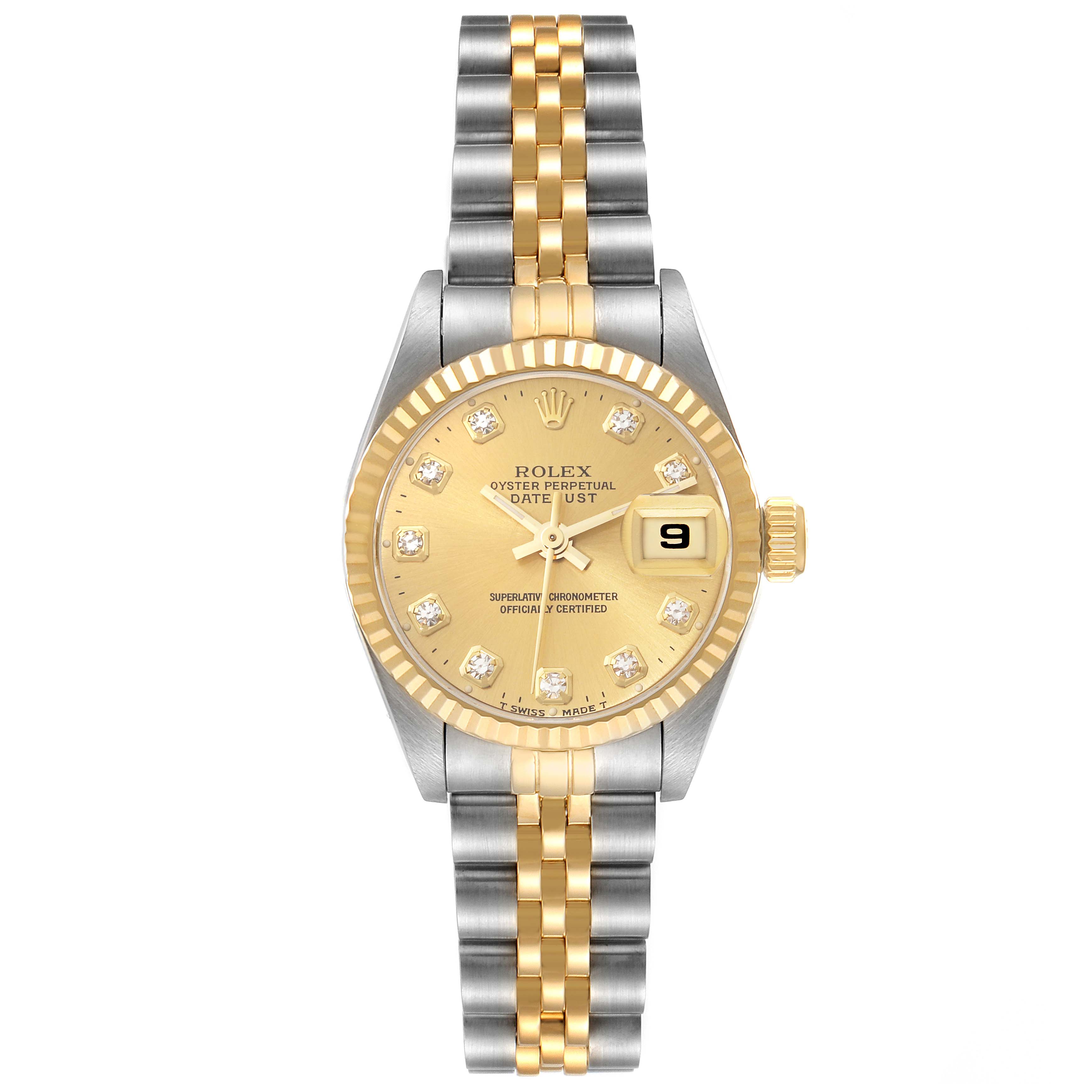 The image shows a front view of a Rolex Datejust 69173 Women's Steel and Gold (two tone) Champagne Dial 69173 Women's Steel and Gold (two tone) Champagne Dial watch, highlighting its dial, bezel, and two-tone metal bracelet.