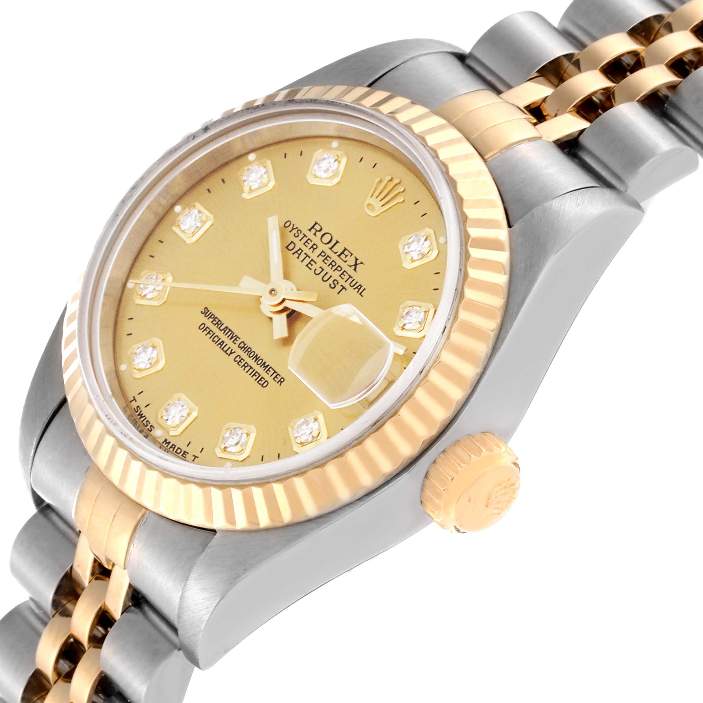 This Rolex Datejust 69173 Women's Steel and Gold (two tone) Champagne Dial 69173 Women's Steel and Gold (two tone) Champagne Dial watch photo shows an angled close-up of the dial, bezel, crown, and part of the bracelet.